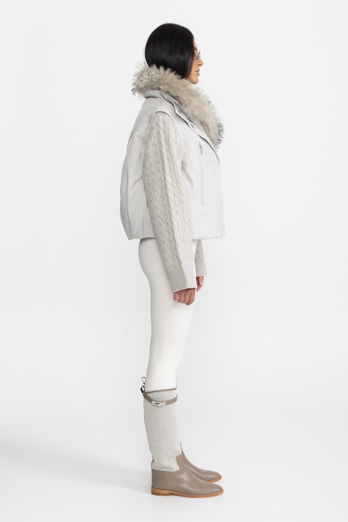 Cable Knit Sleeve Cropped Down Jacket with Raccoon Fur Collar - Light Grey