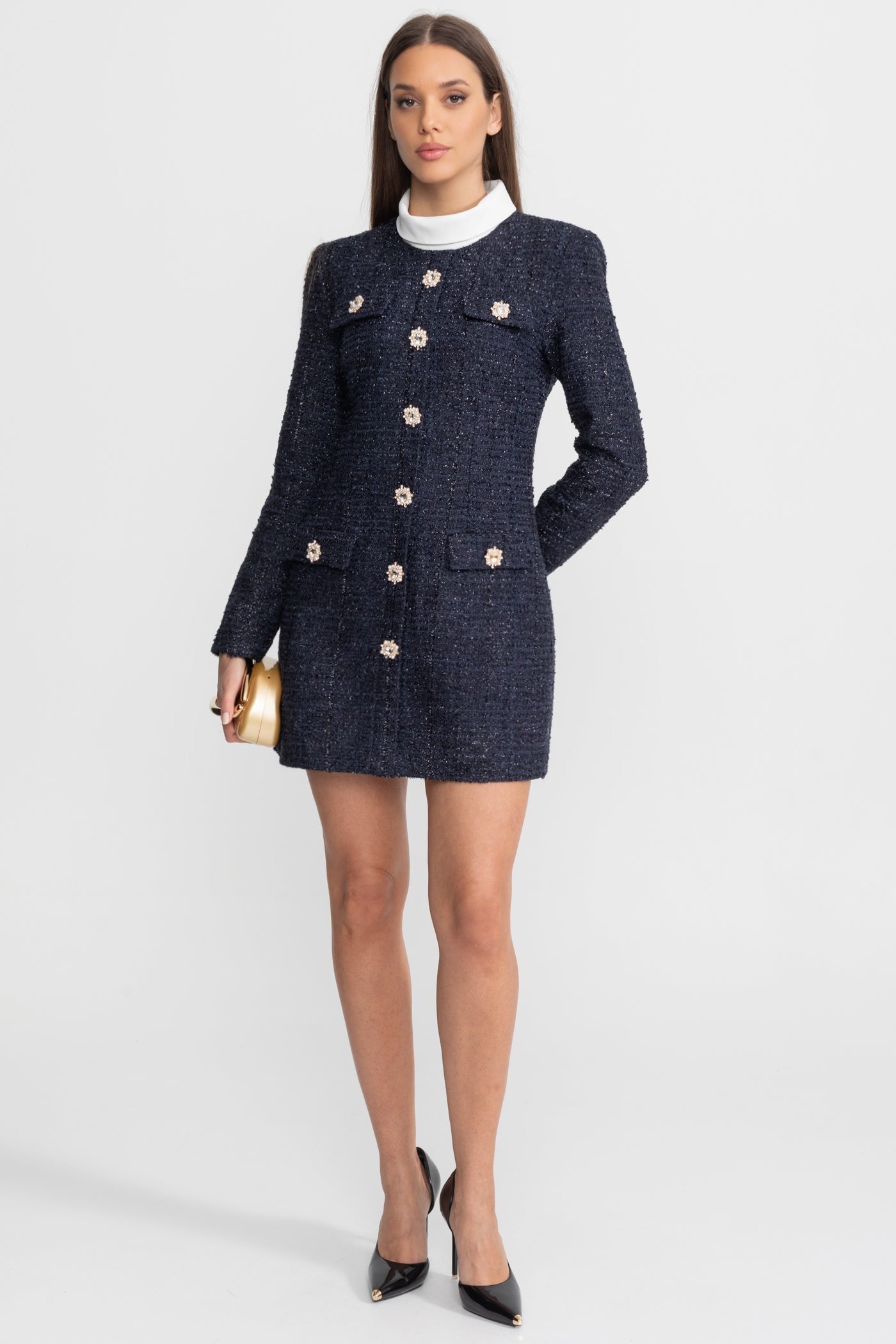 Textured Tweed Mini Dress with Crystal Button Embellishments – Navy