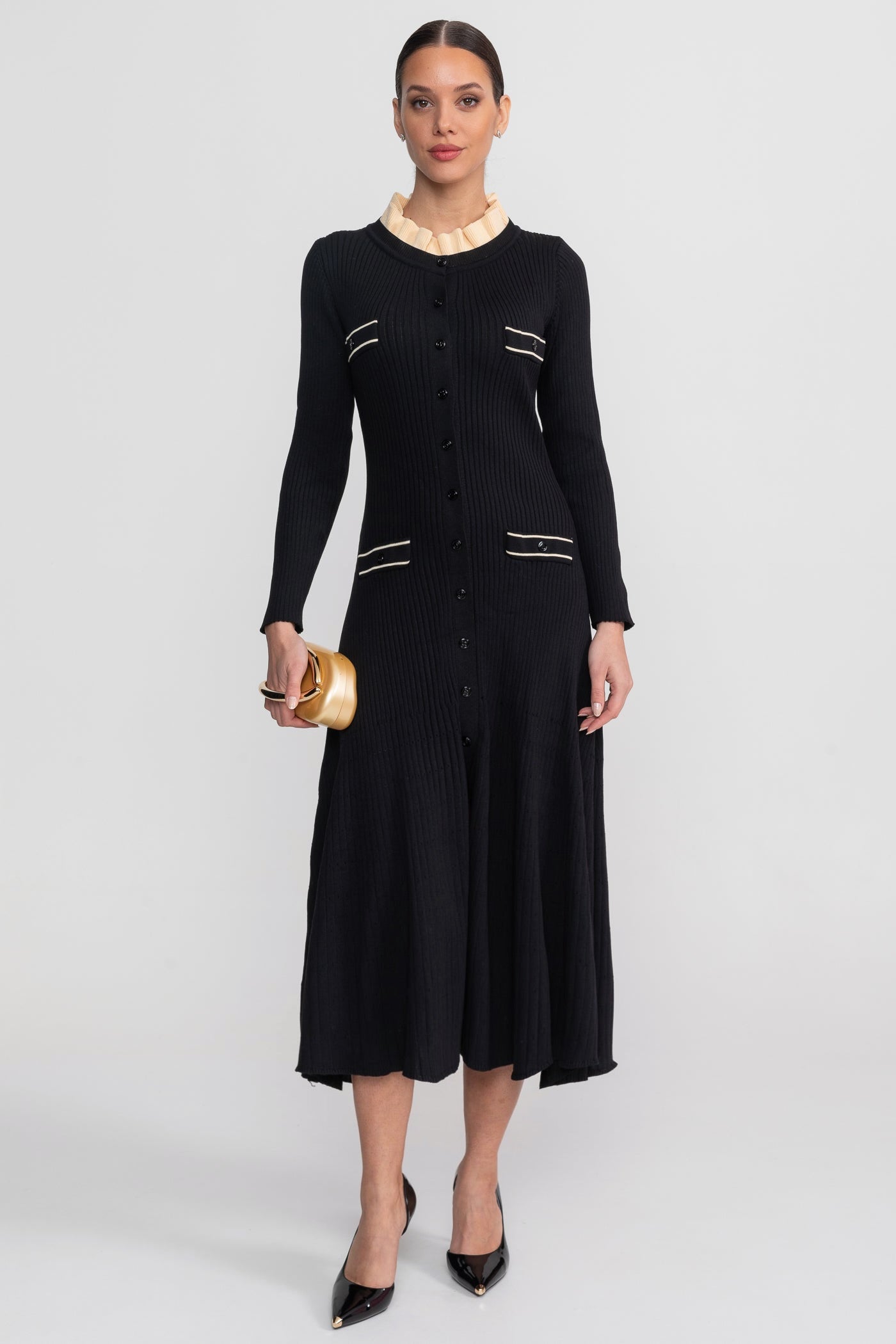 Long Sleeve Midi Dress With Button-Through Front And Contrast Pocket Trim - Black