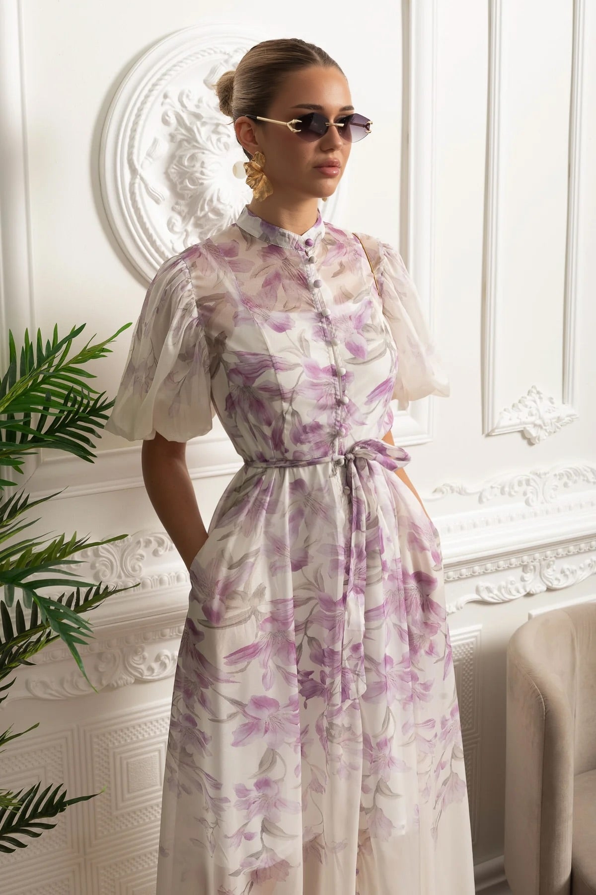 Sheer Silk Midi Shirt Dress with Botanical Motif and Tie Belt - White/Purple