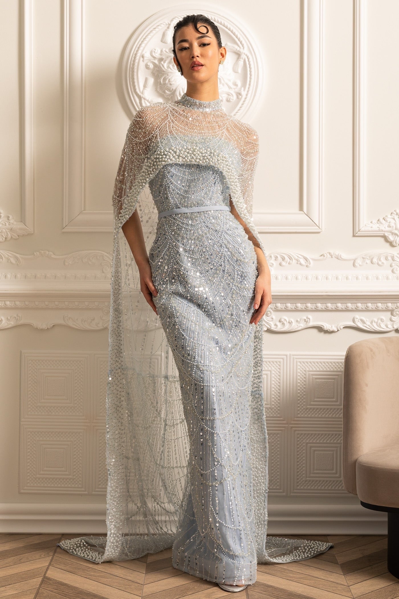 Glamourous Beaded Gown With Detachable Veil - Blue