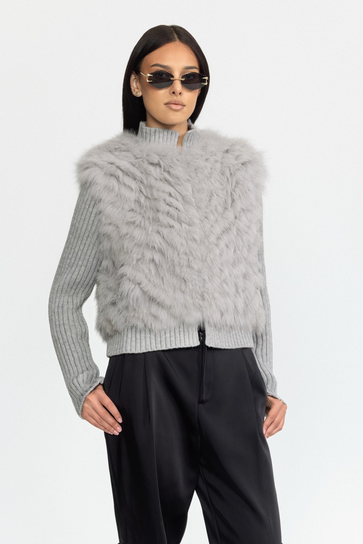Knitted Fox Fur Jacket with Rib Knit Sleeves - Grey