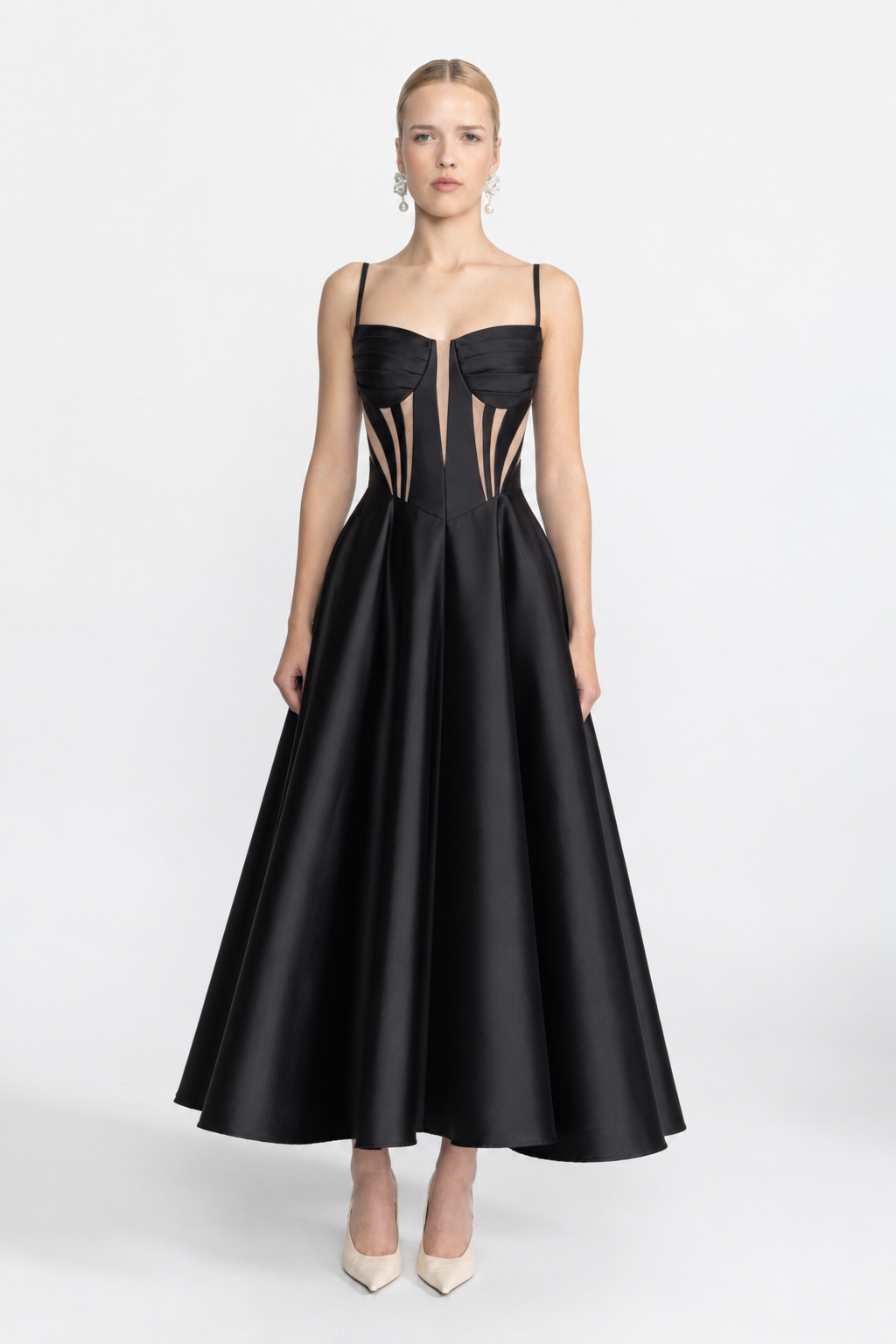Satin-Corsagenkleid mit transparenten Einsätzen in Midi-Länge - Schwarz