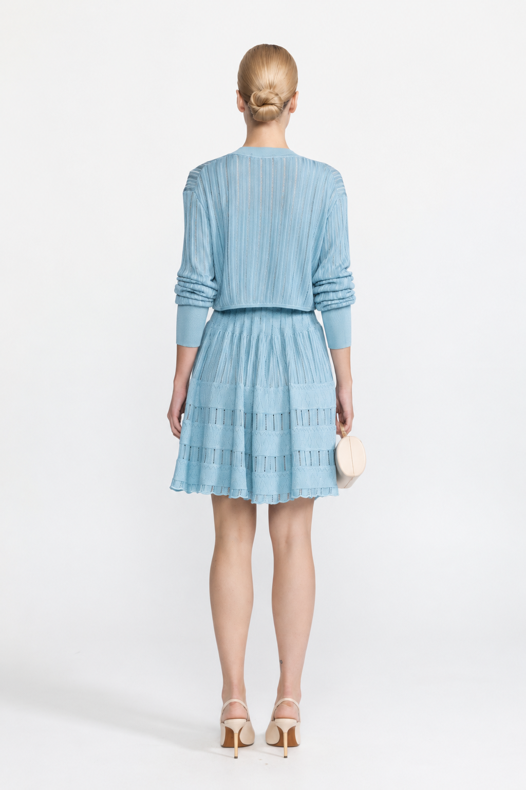 Rib Pointelle Knit Cropped Cardigan and Skater Dress Set - Light Blue
