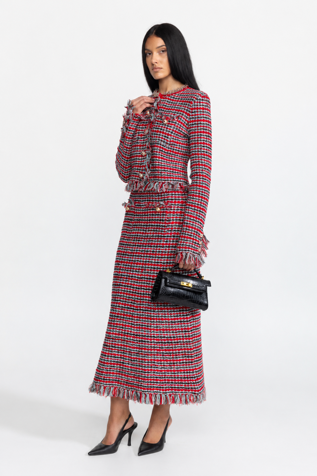 Tweedjacke mit Fransen und Midirock im Co-ord-Set - Rot Multi