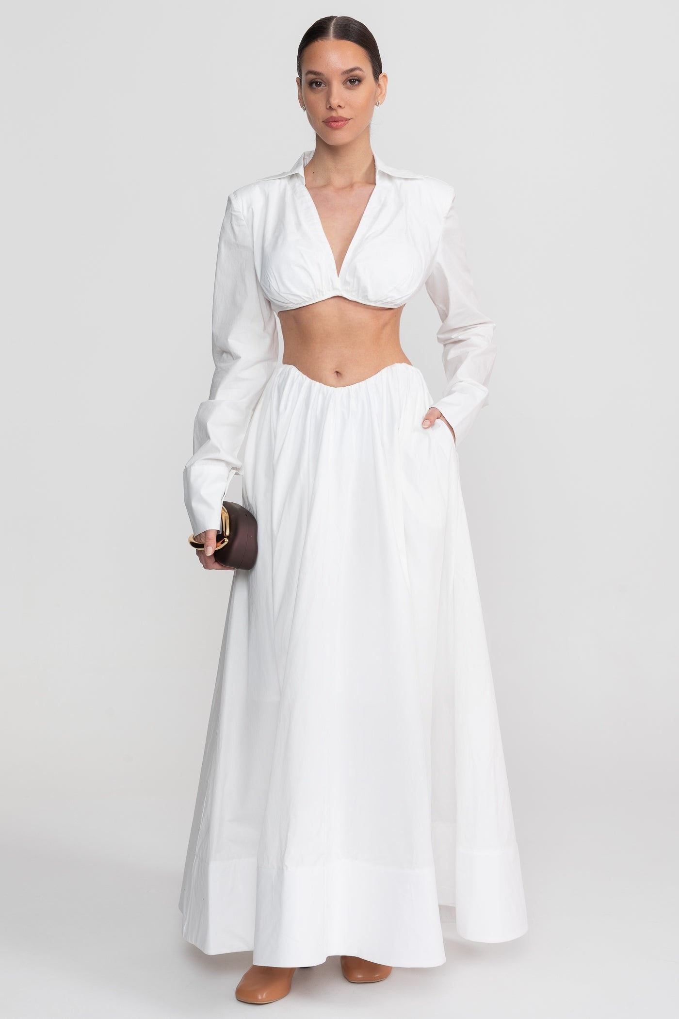 Long Sleeve Co-Ord Set With Cropped Underbust Top - White