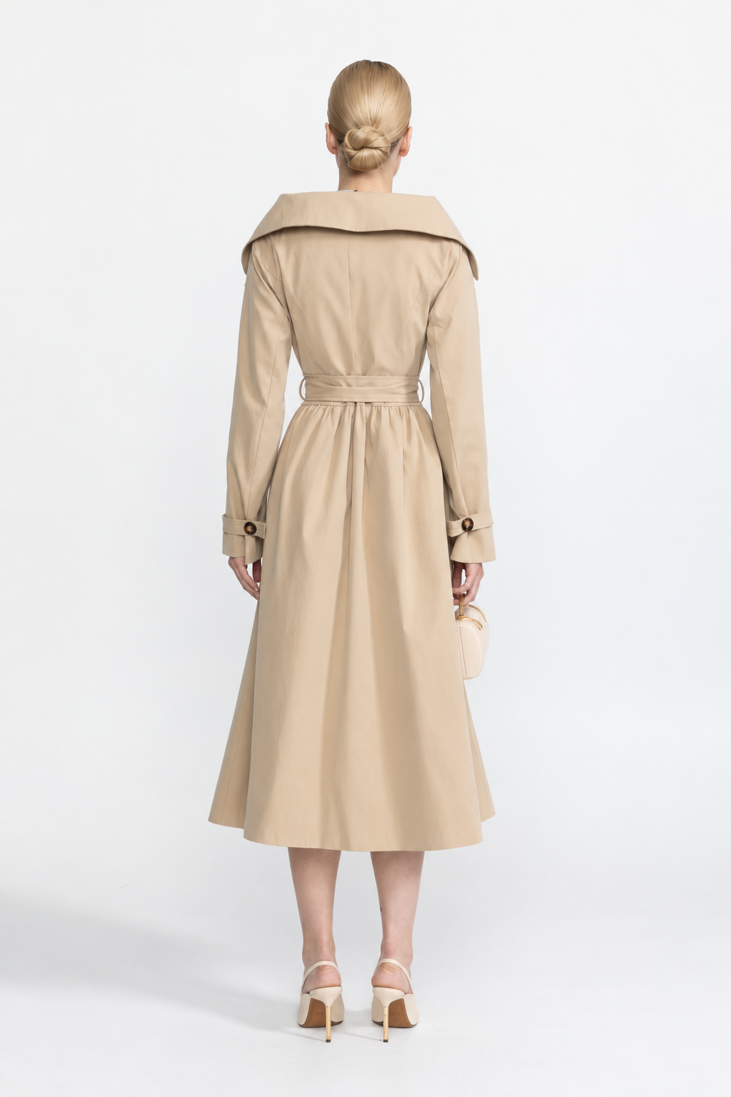 Off-Shoulder Collar Belted Trench Dress - Beige