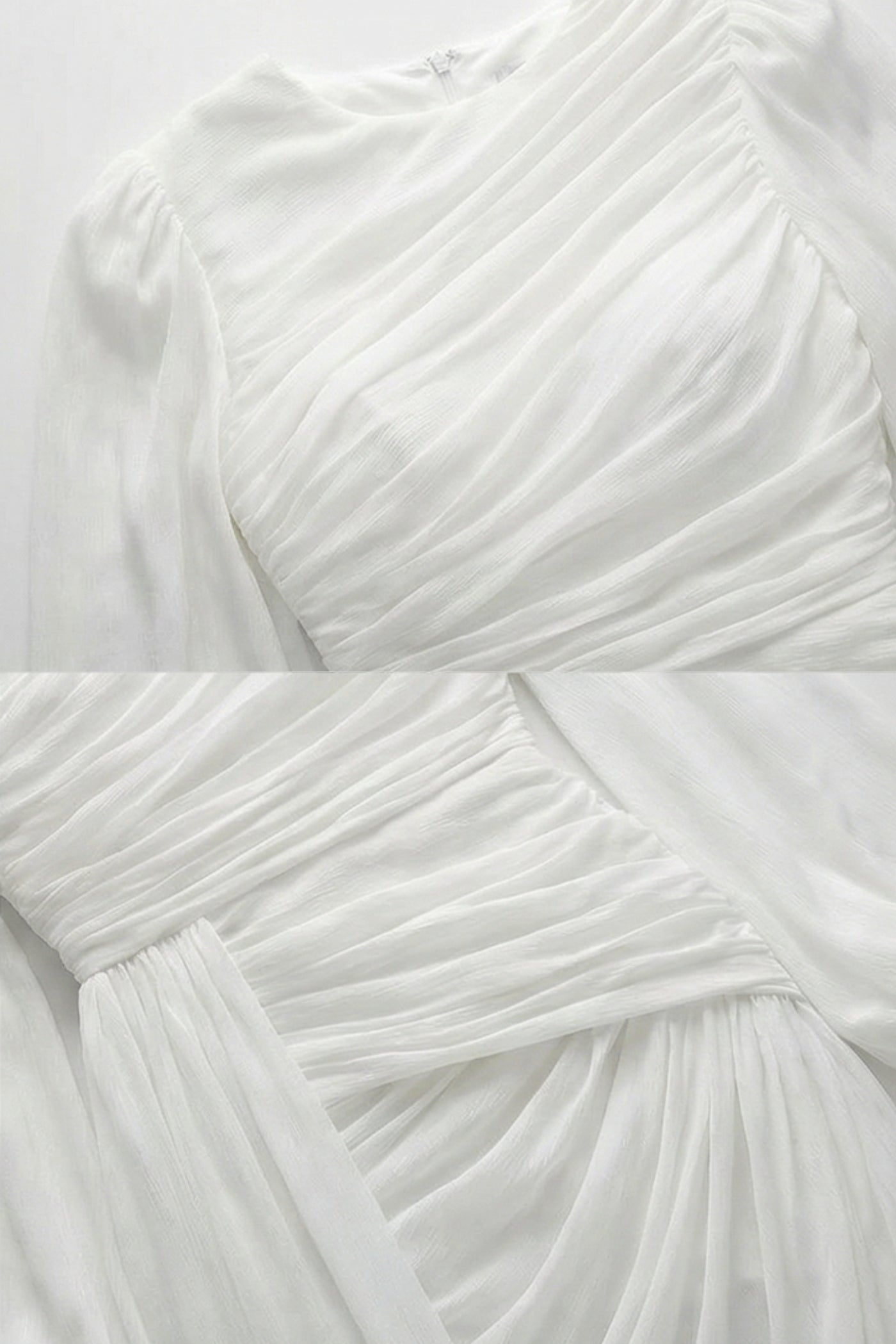 Langes, drapiertes Maxikleid mit geraffter Taille und langen Ärmeln – Weiß