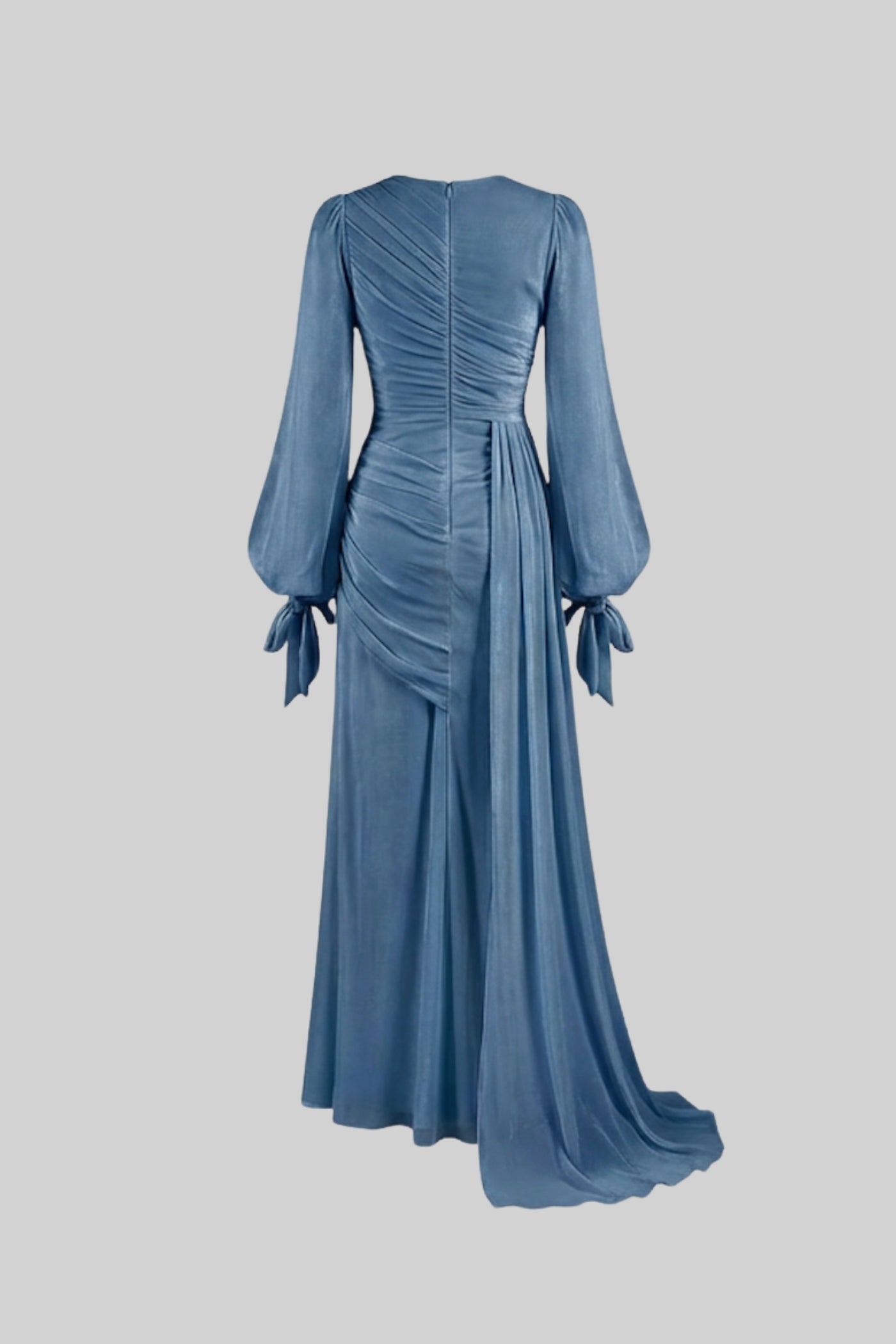 Langes, drapiertes Maxikleid mit langen Ärmeln und geraffter Taille – baby blue