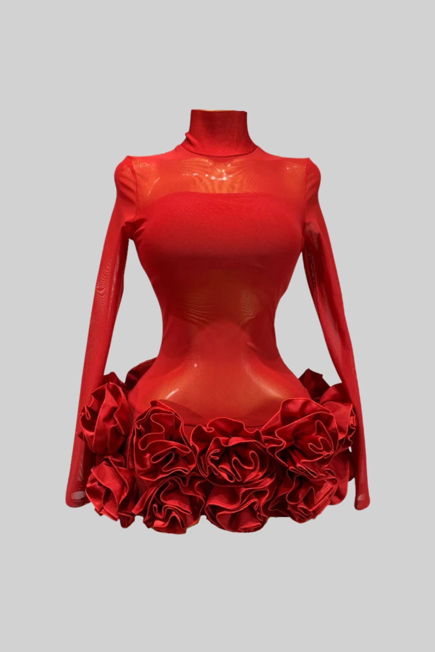 Durchscheinendes Mini-Kleid mit floralen 3D-Rosetten am Saum – Rot