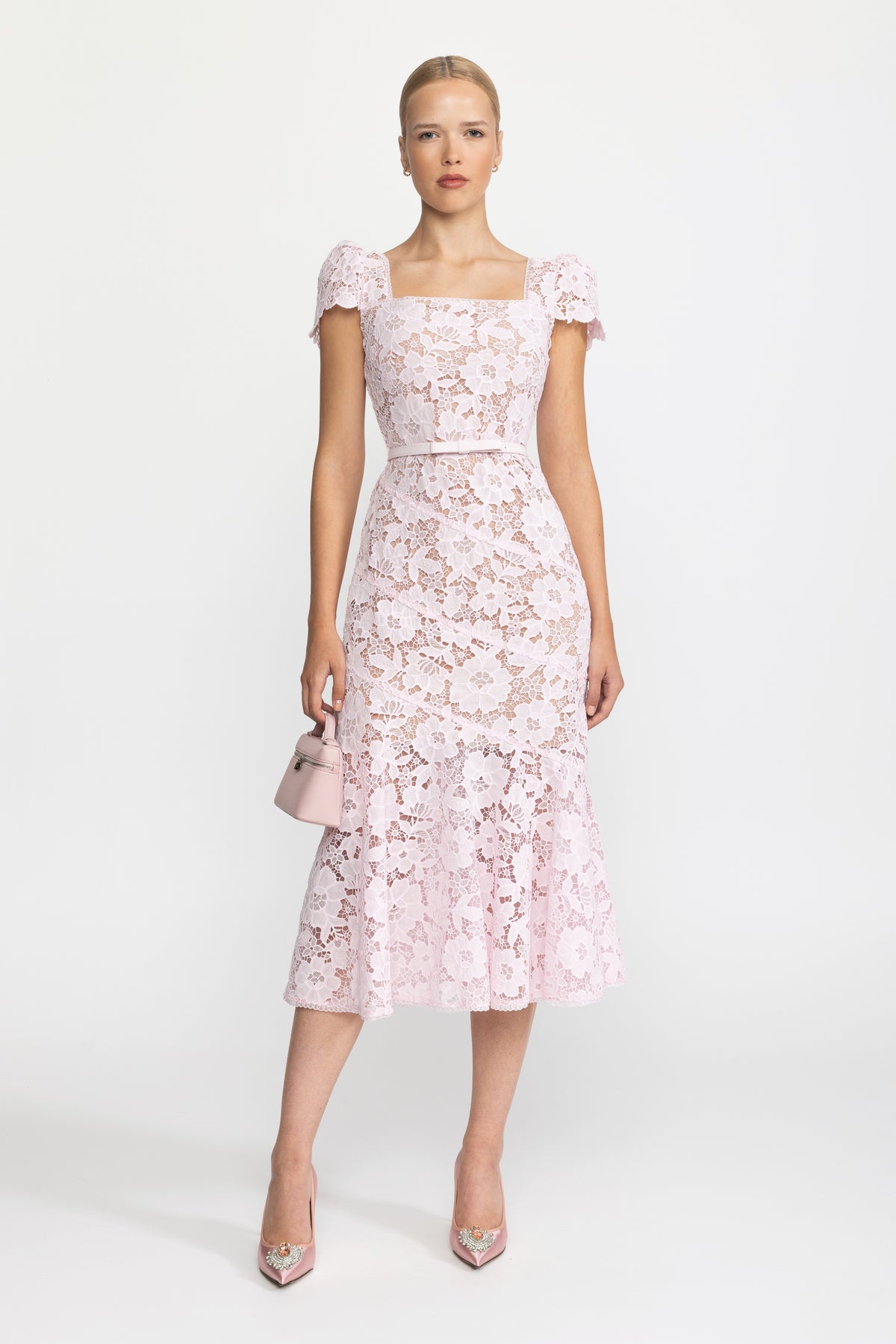 Guipure Lace Puff Sleeve Midi Dress - Pink