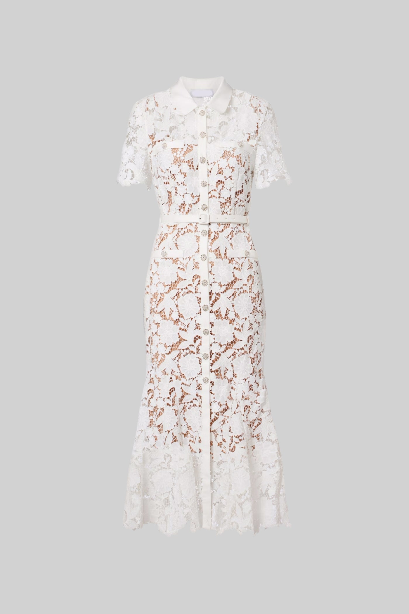 Lace Short Sleeve Midi Dress With Collared Neckline And Belted Waist - White