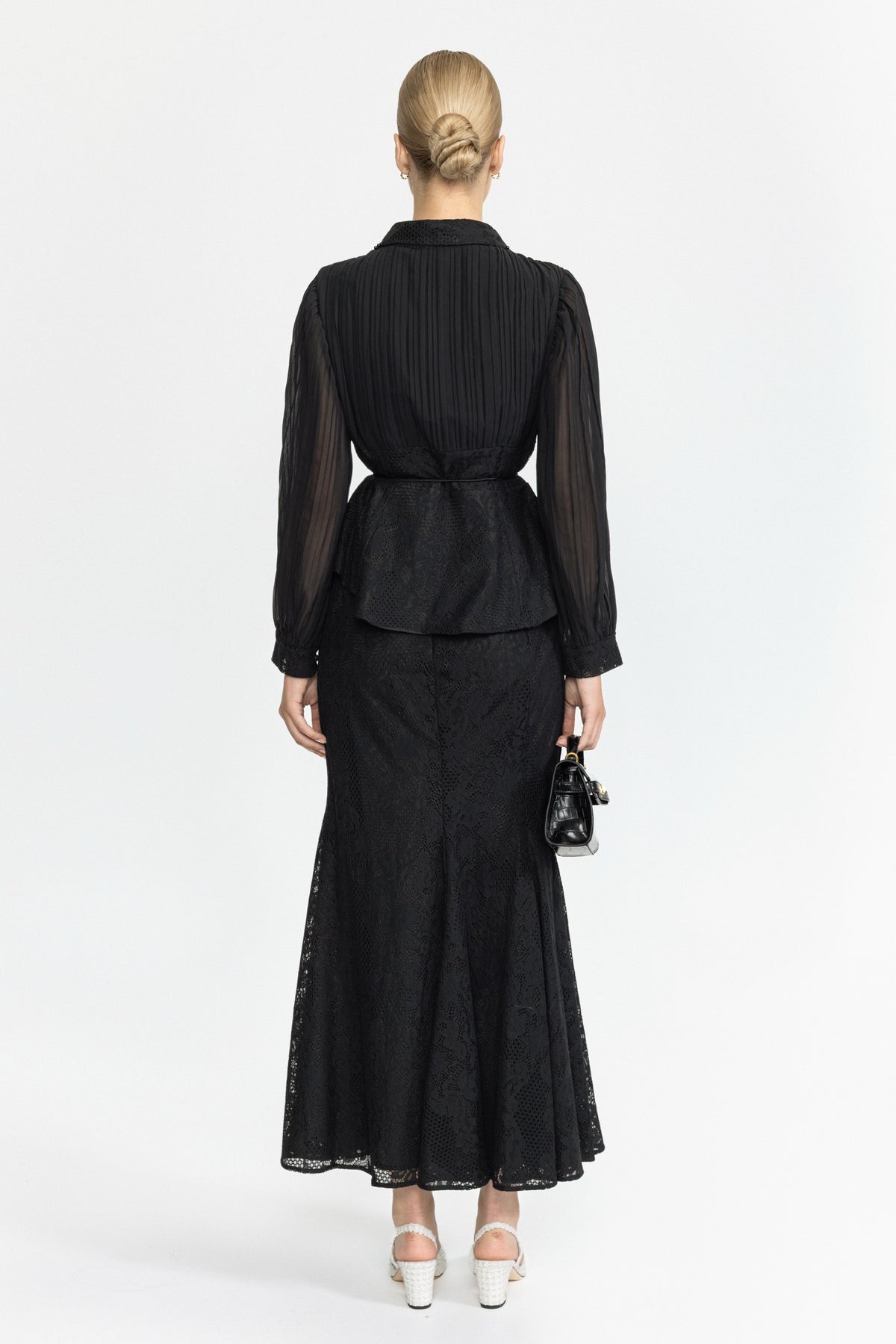 Pleated Chiffon Lace Peplum Blouse and Maxi Skirt Set - Black