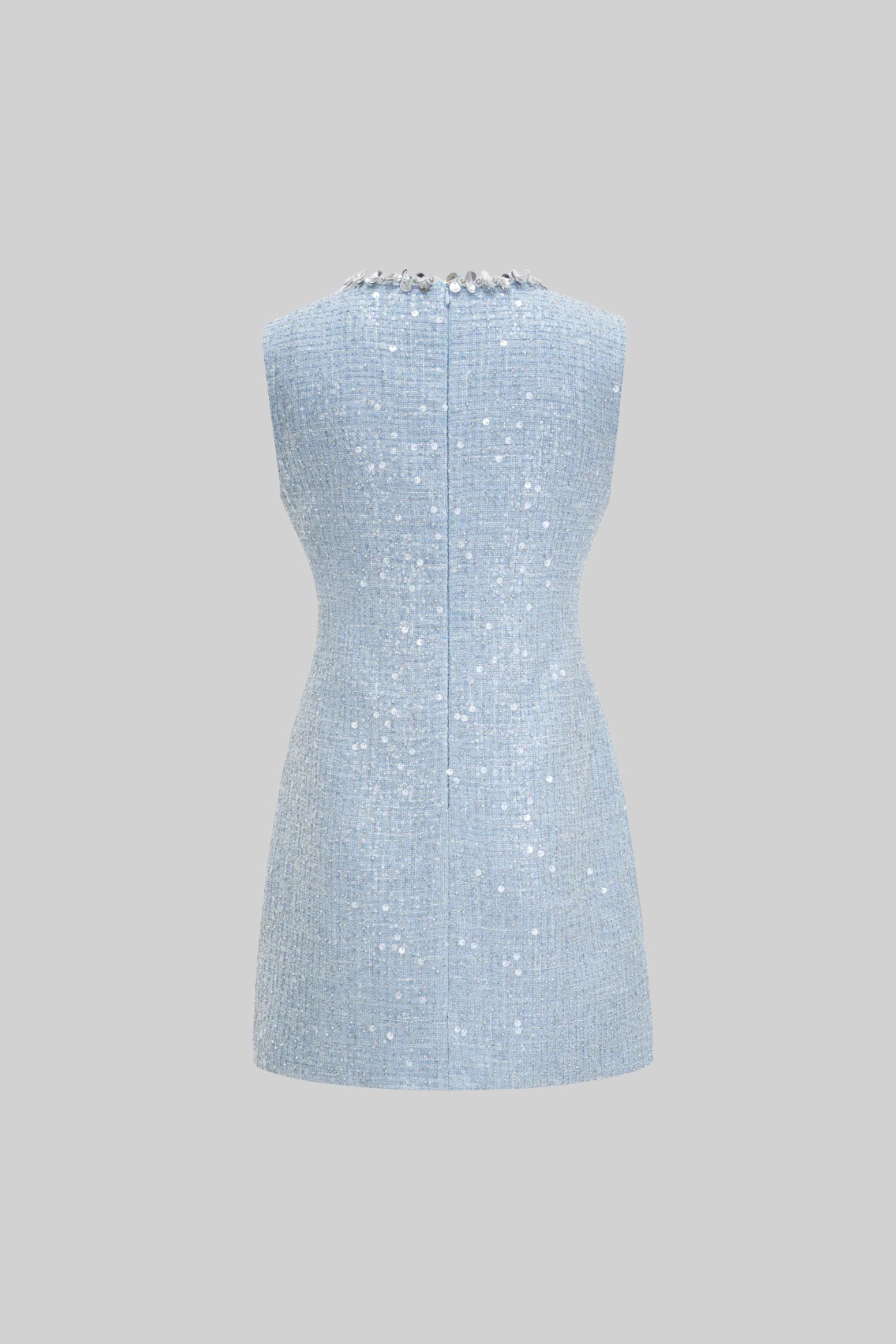 Textured Sleeveless Mini Dress With Sparkling Collar Details - Blue