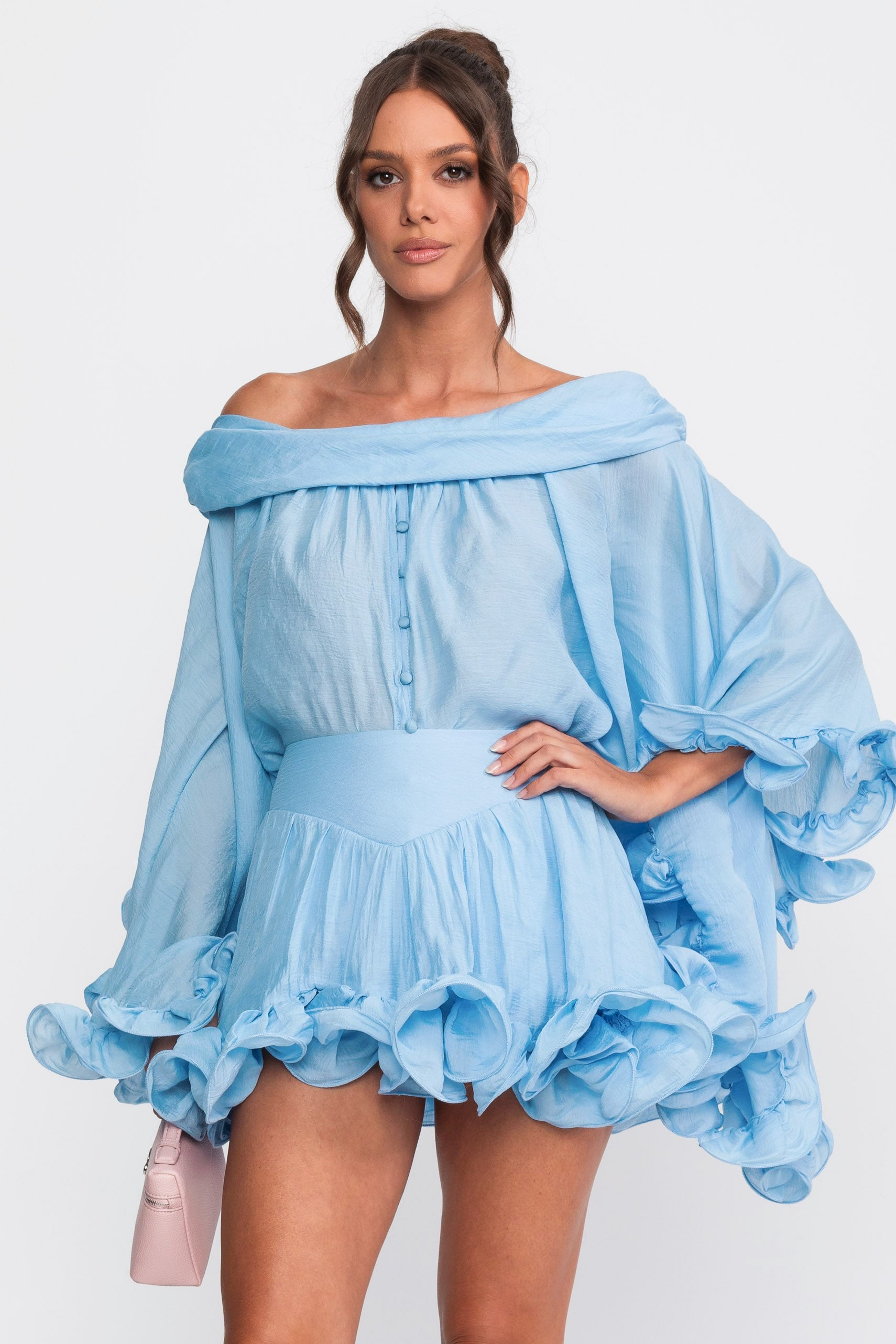 Off-Shoulder Ruffle Hem Co-Ord With Long Sleeves Shirt and Mini Skort - Light Blue