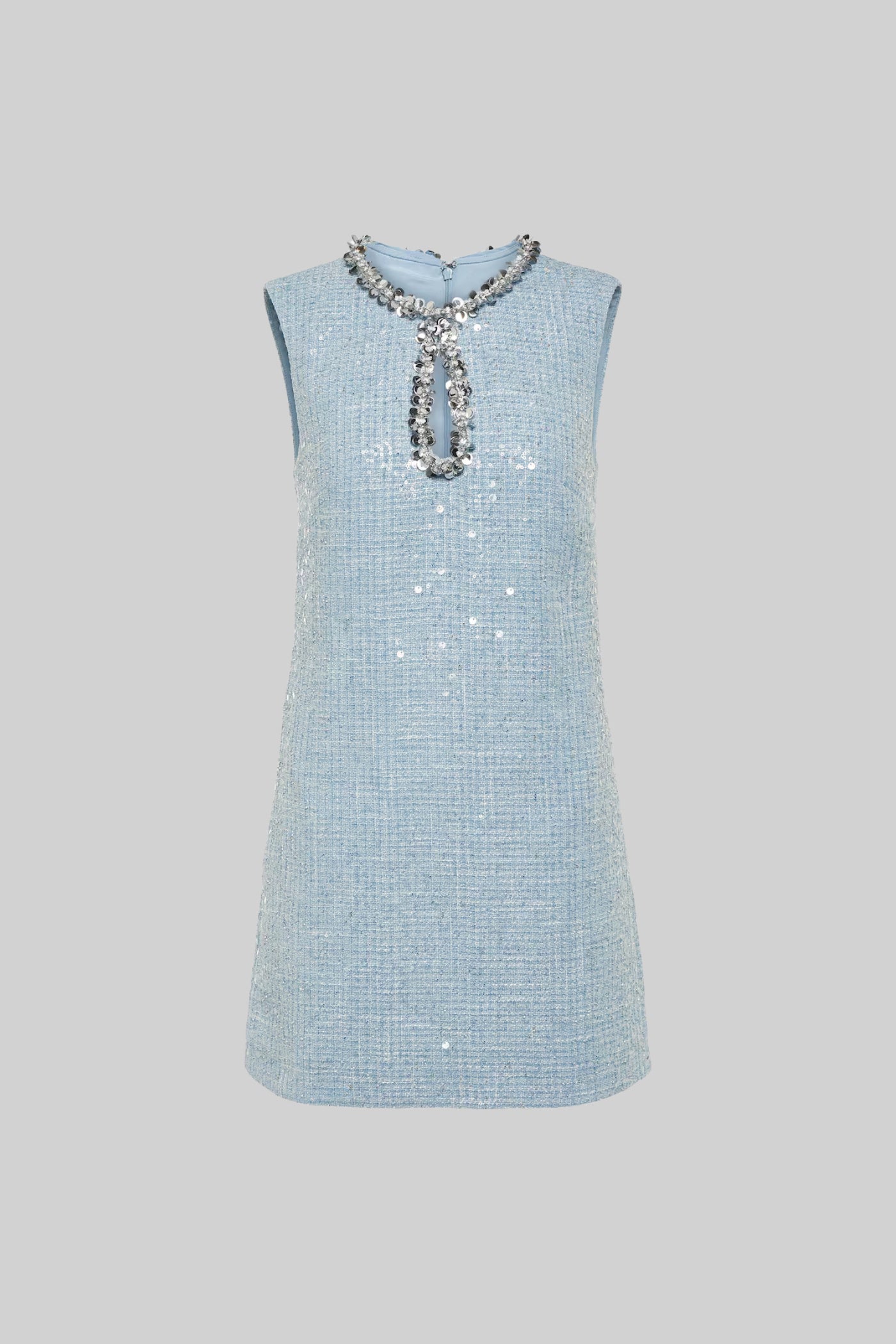 Textured Sleeveless Mini Dress With Sparkling Collar Details - Blue