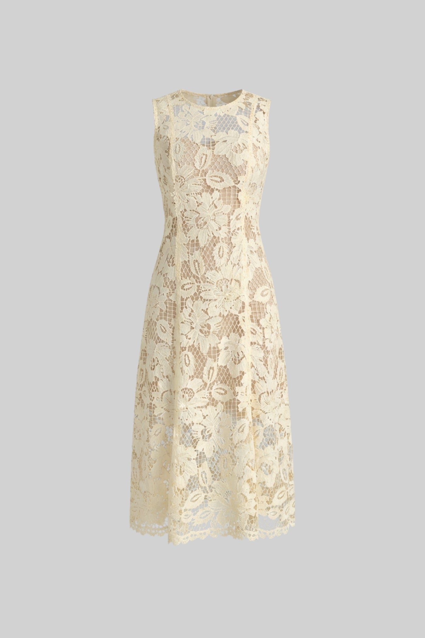 Lace Sleeveless Midi Dress With Round Neckline And Scalloped Hem - Yellow