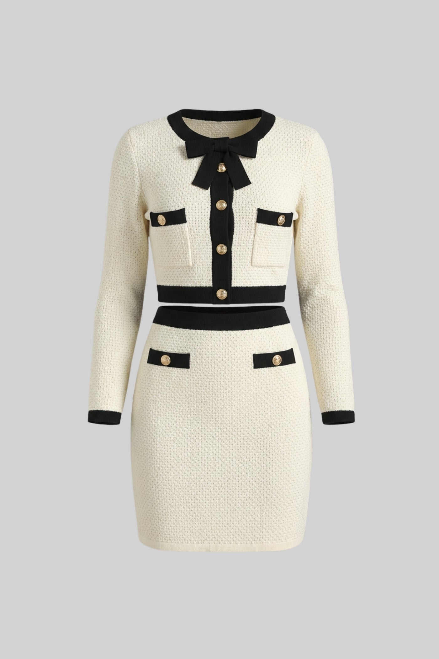 Bouclé Co-Ord Set With Long Sleeve Jacket And Contrast Black Trim - Ivoire