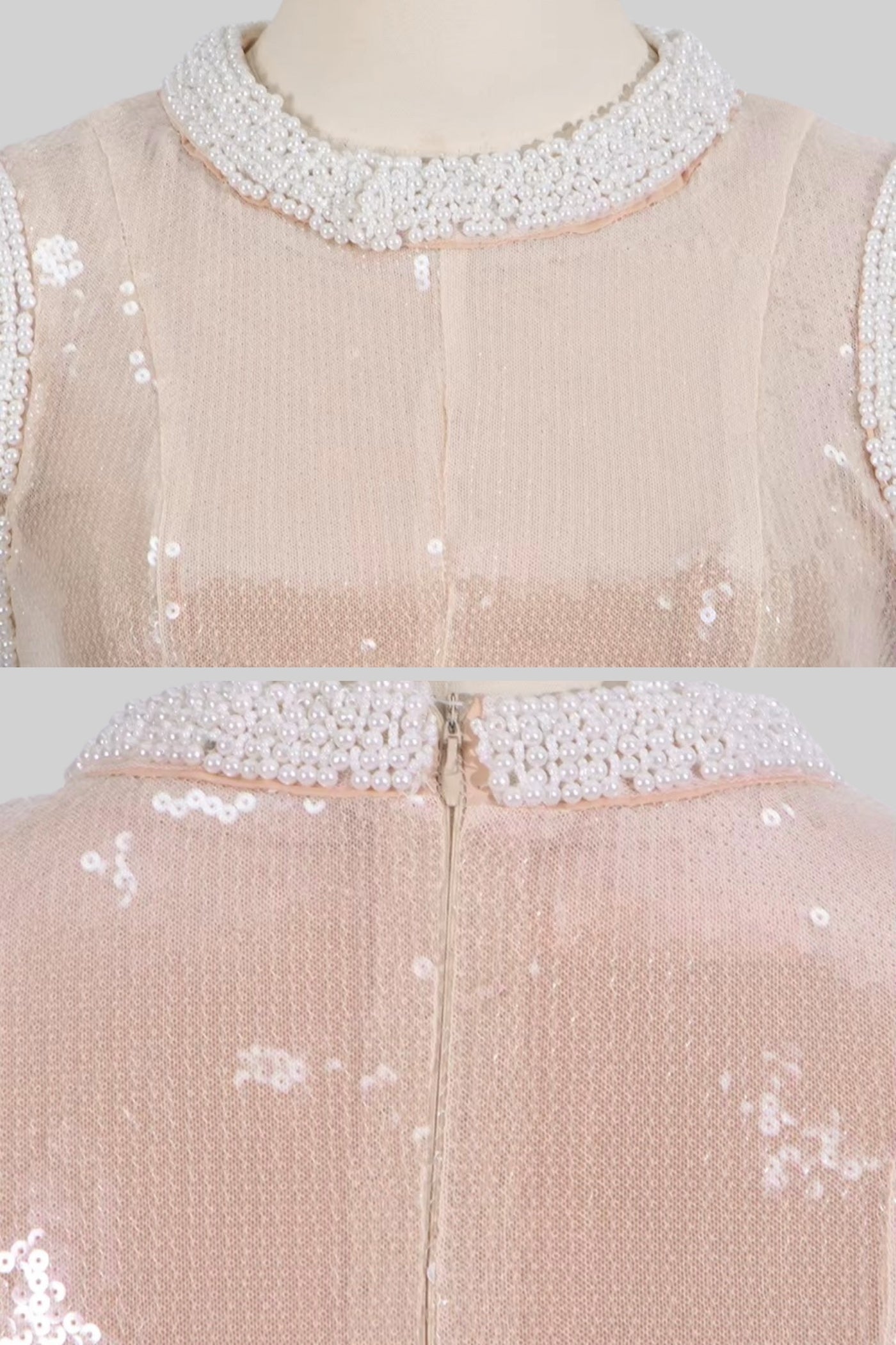 Elegantes Paillettenkleid mit weißen Perlenverzierungen – Beige