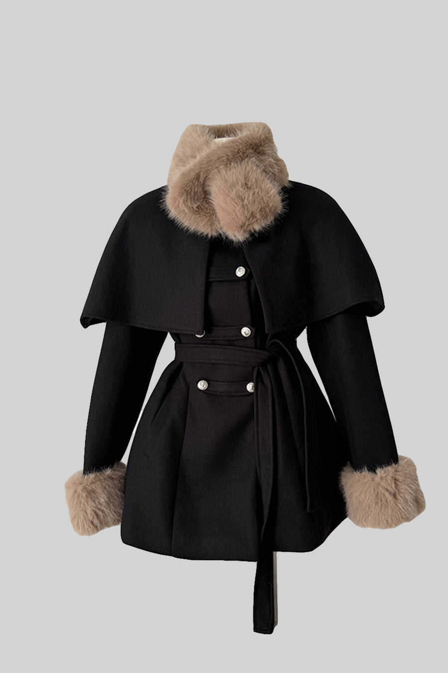 Double-Breasted Coat With Detachable Cape - Black