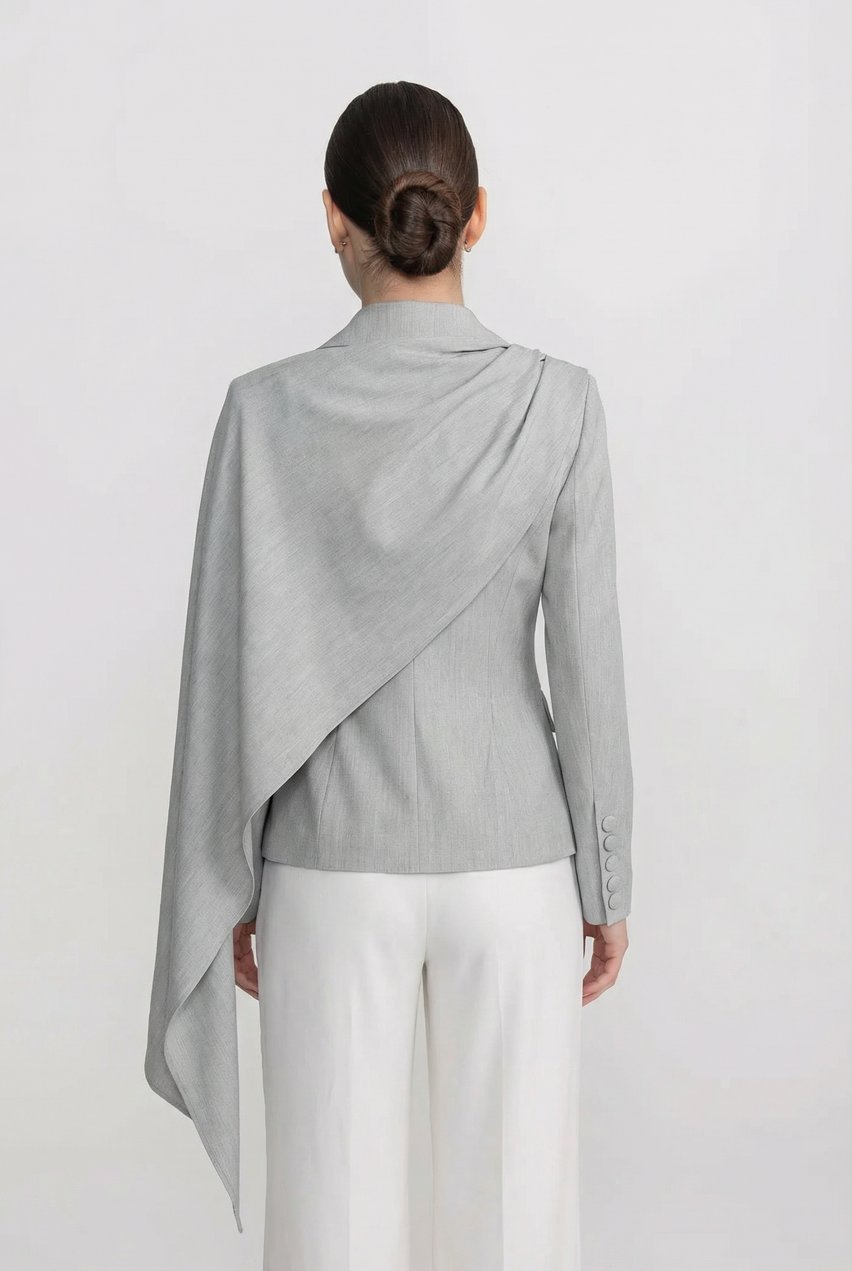 Tailored Long Sleeve Blazer With Draped Cape Panel - Gray