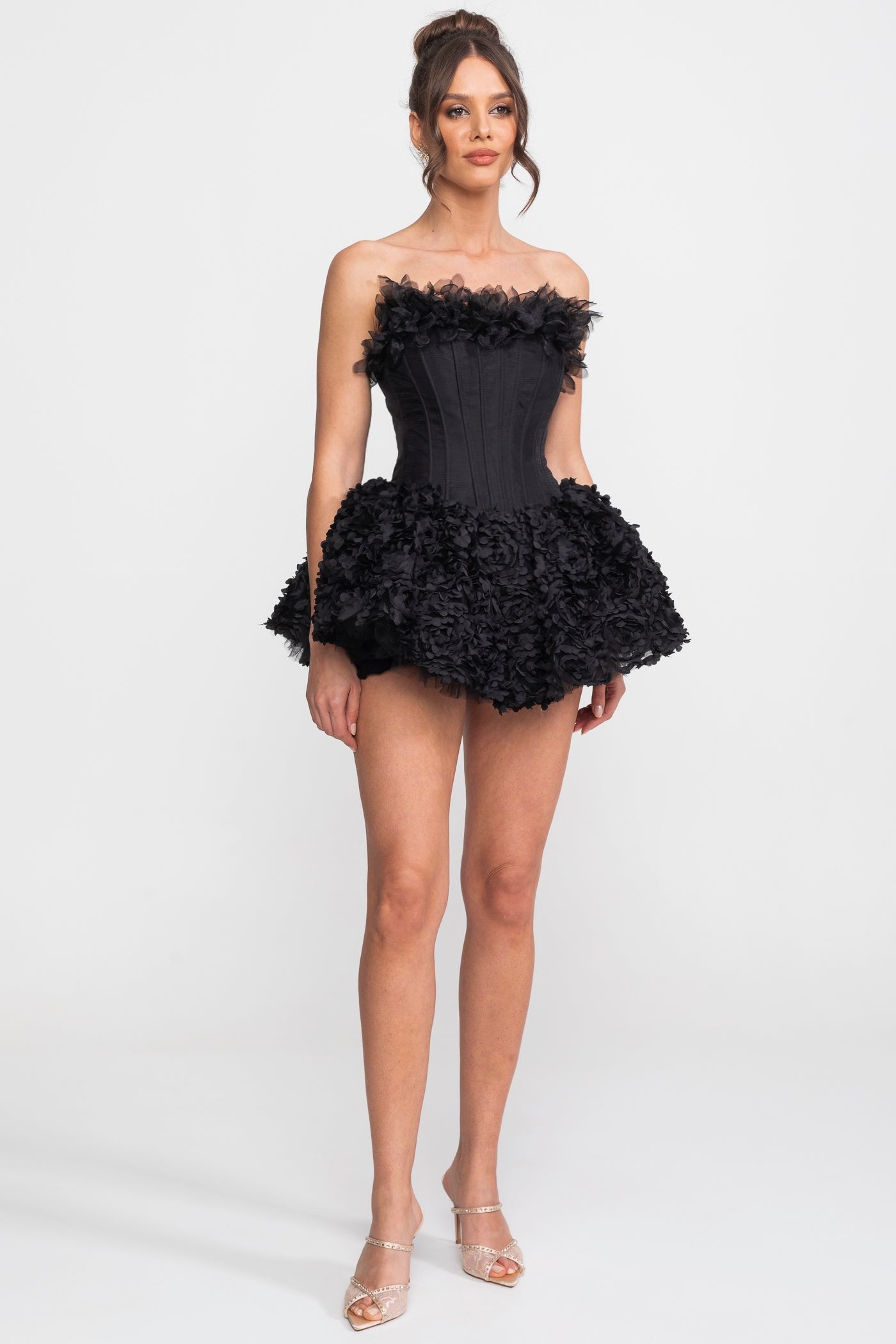Trägerloses Korsett-Minikleid mit 3D-Rosen-Applikation am Rock - Schwarz