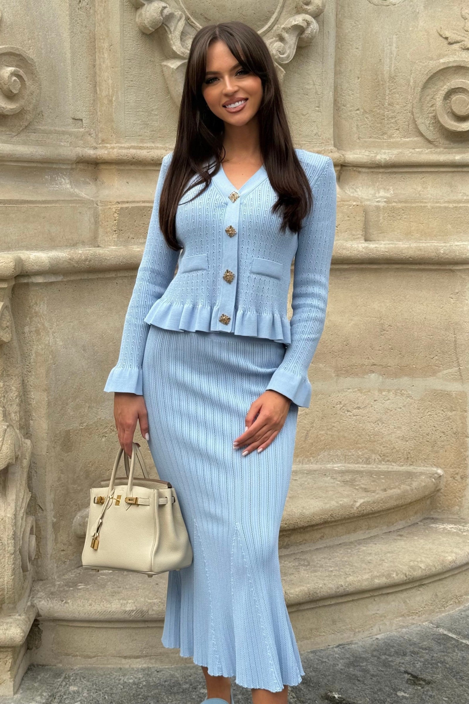 Rüschenjacke & ausgestellter Rock Strick-Set - Baby Blue