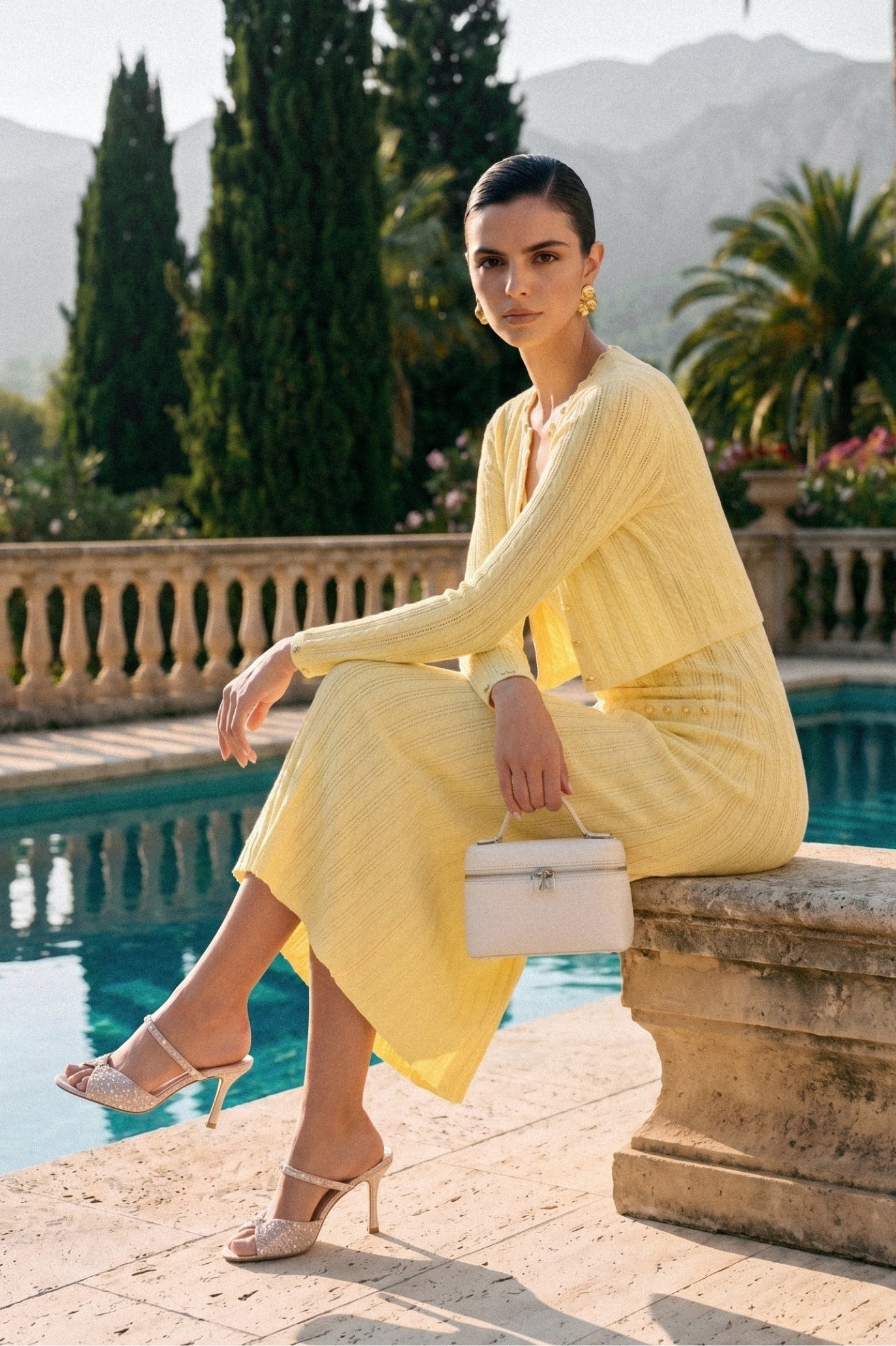 Rippenstrick-Kleid- und Cardigan-Set mit Perlenknopf-Details – Gelb