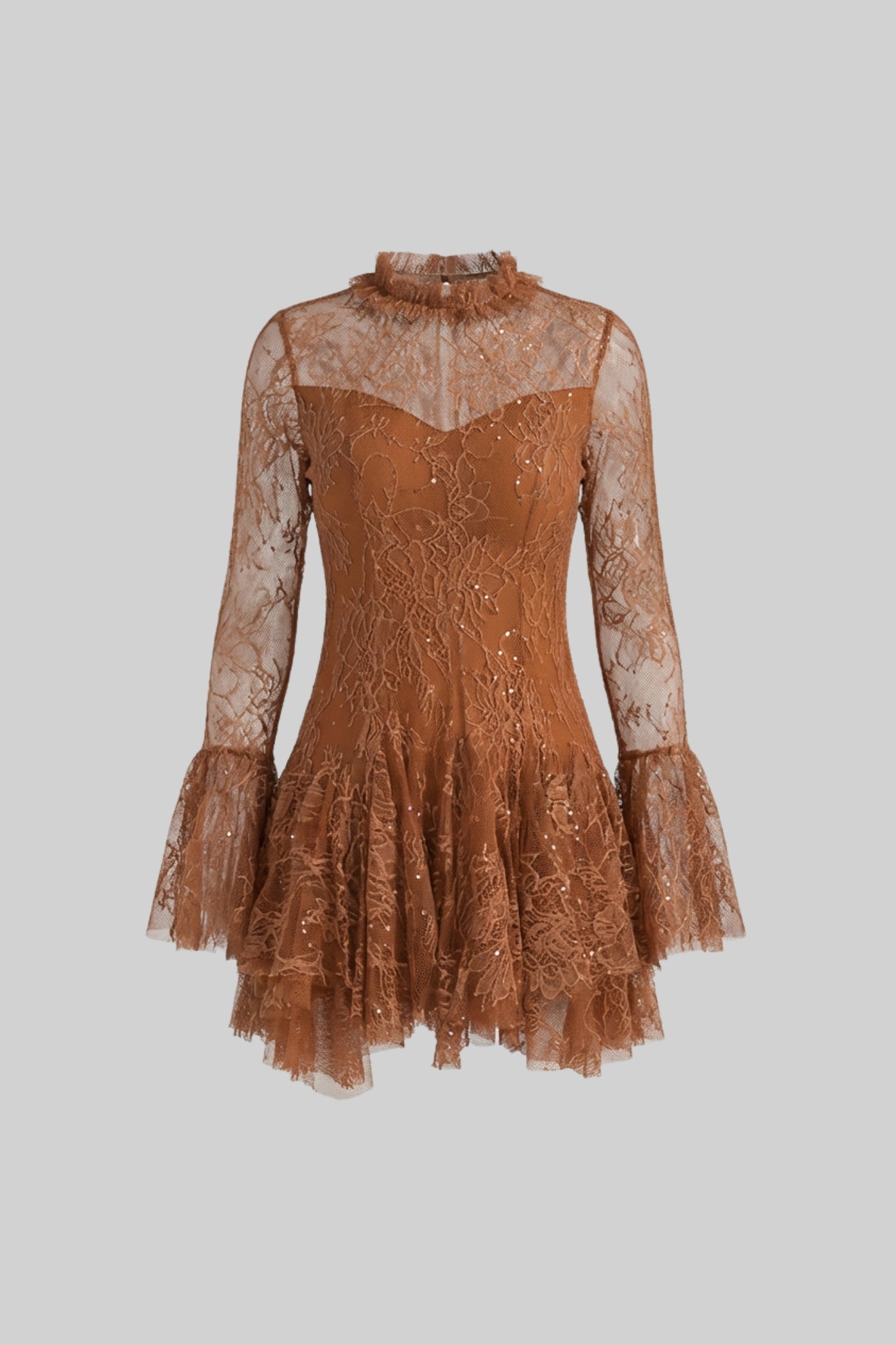 Sheer Lace Long Sleeve Mini Dress With Ruffled Hem - Rust