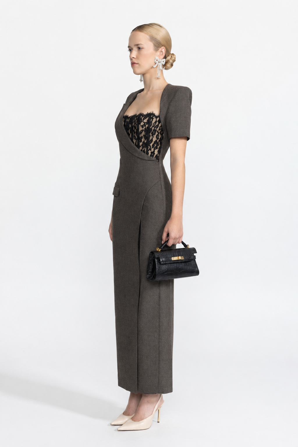 Asymmetrisches Blazer-Maxikleid mit Spitzen-Bustier - Anthrazit