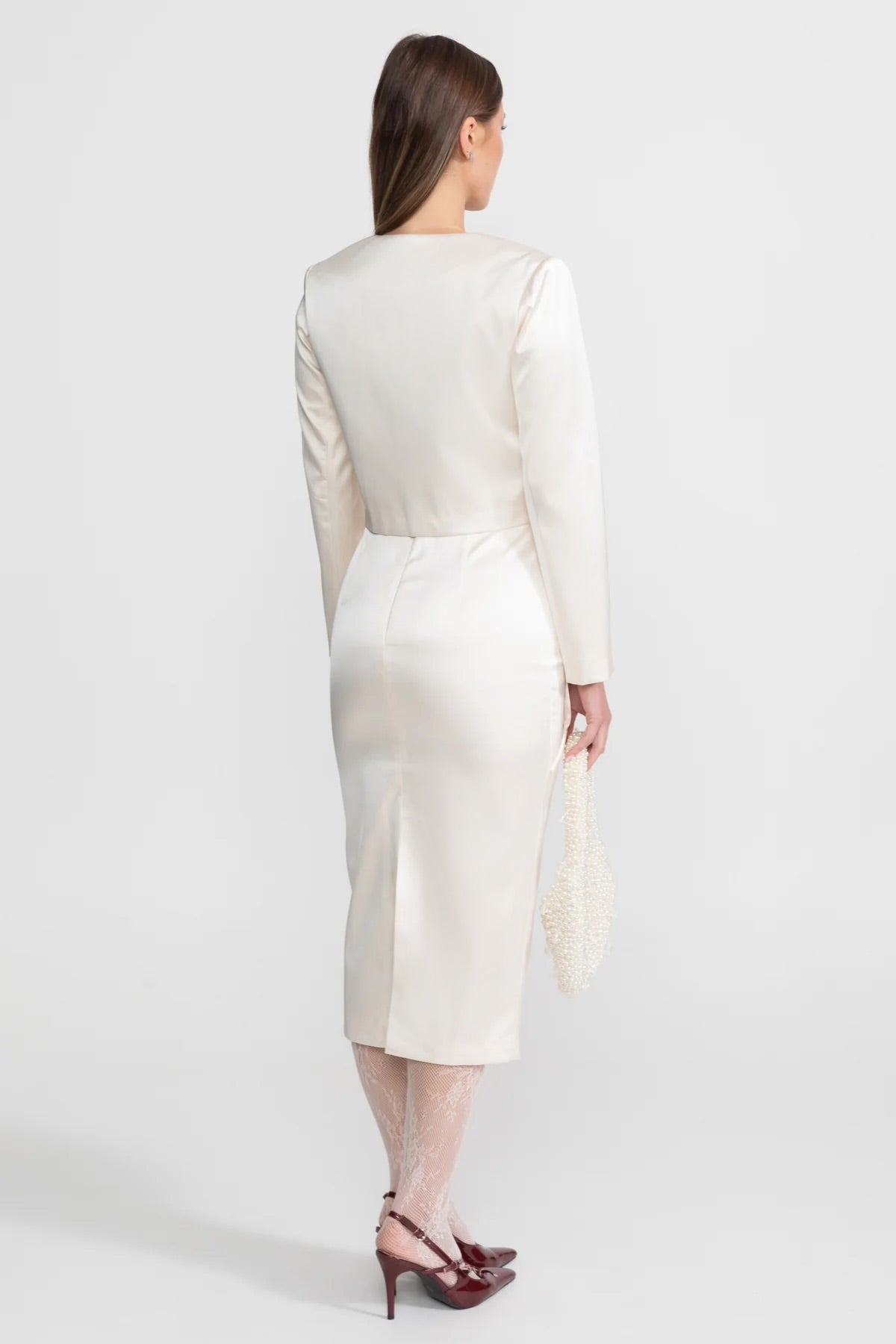 Taffeta-Bleistiftrock mit Schleife und floralen Details – Ivoire