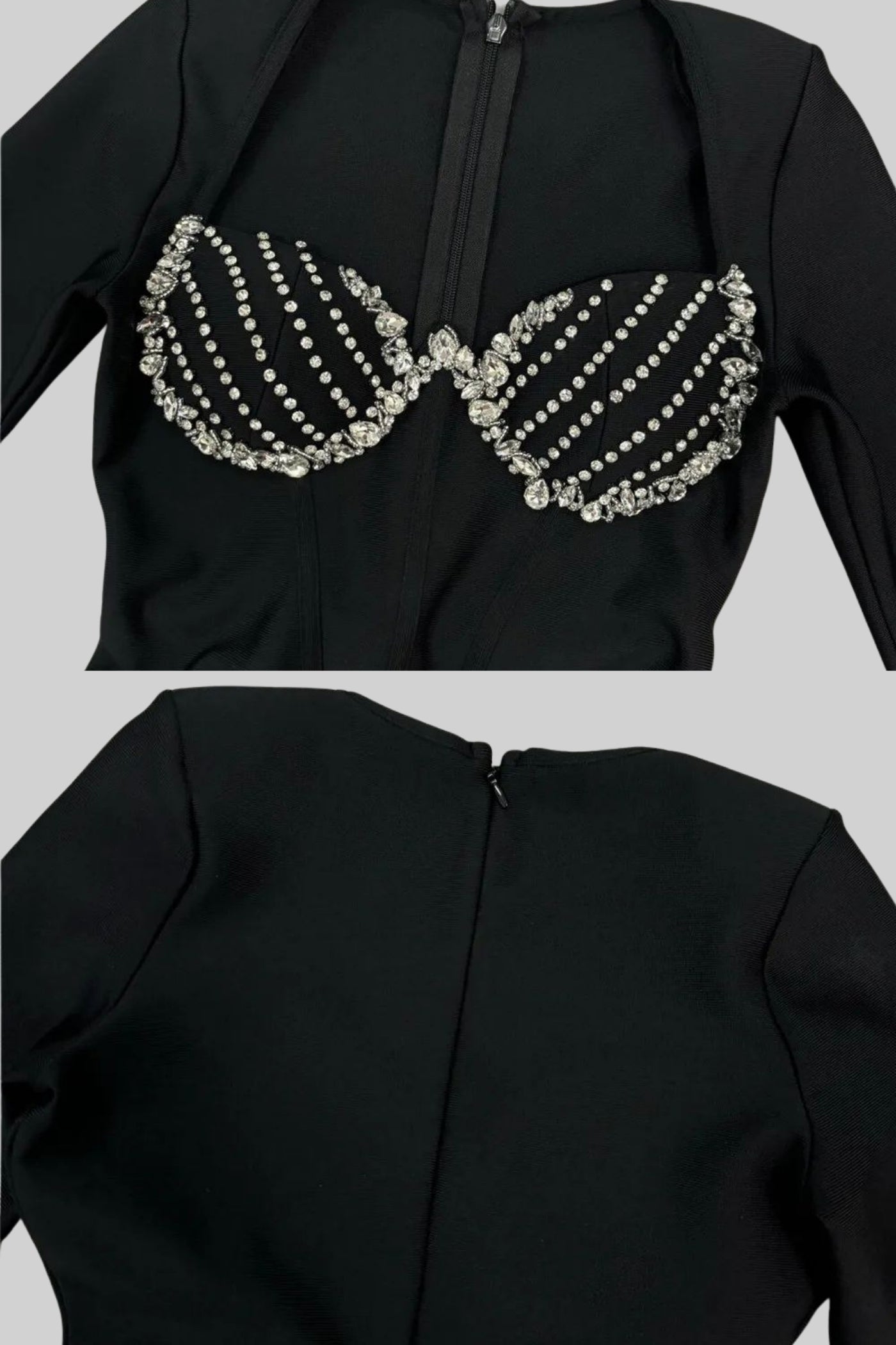 Kristallverzierte Korsettrobe mit strukturiertem Bustier-Oberteil – Schwarz