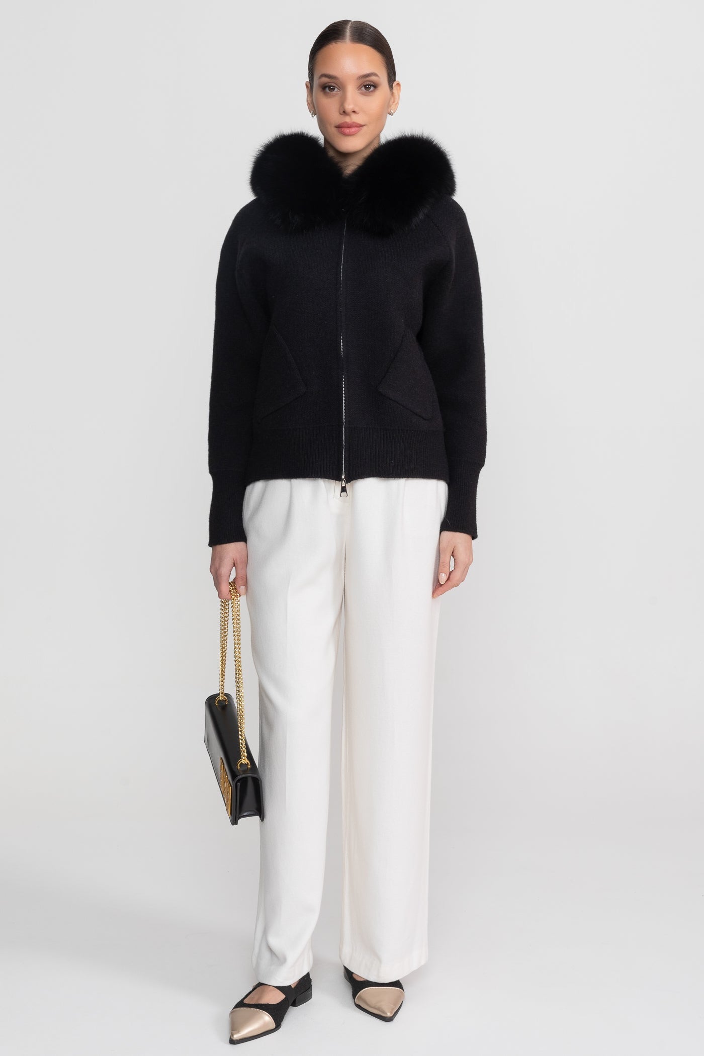 Kapuzensweatshirt aus Wolle mit Fuchspelzkragen – Schwarz