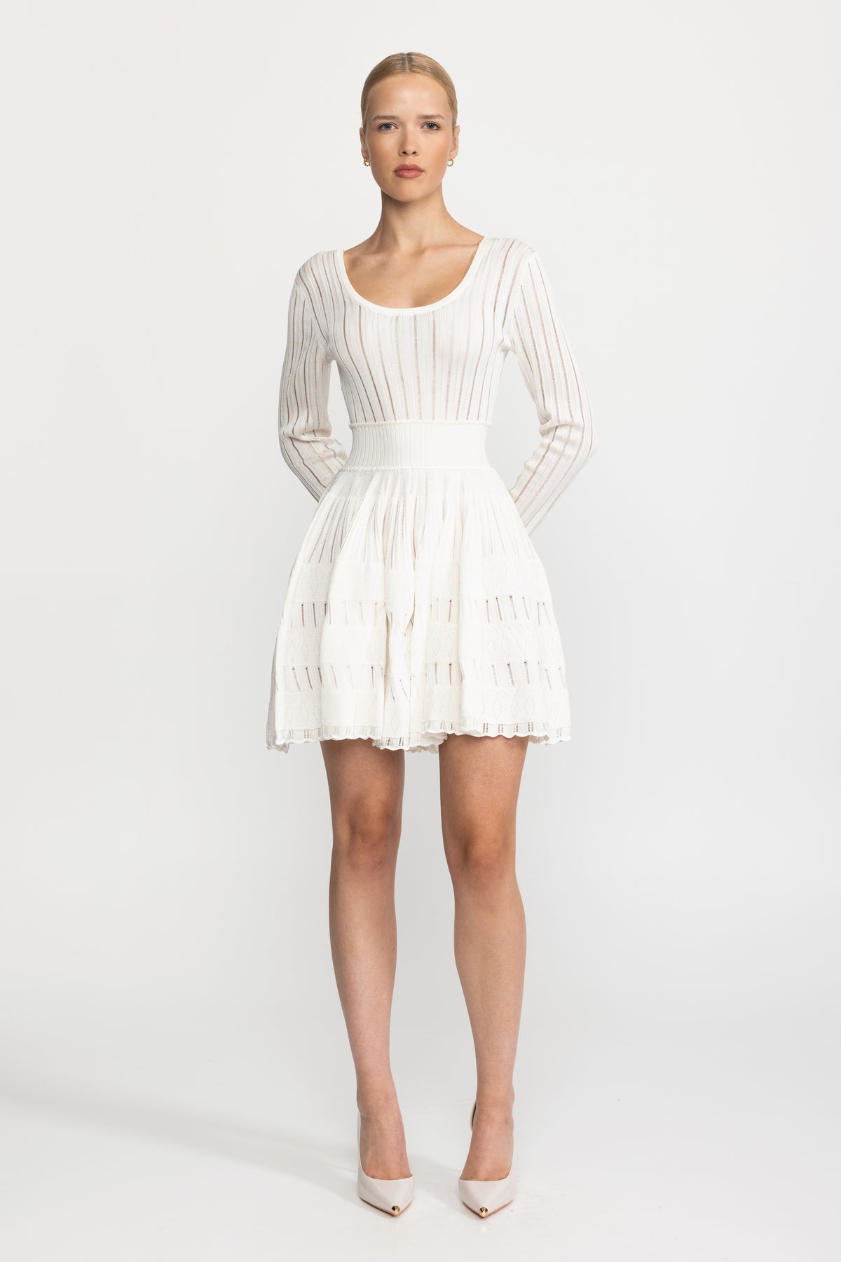 Ladder Knit Scoop Neck Skater Mini Dress - White