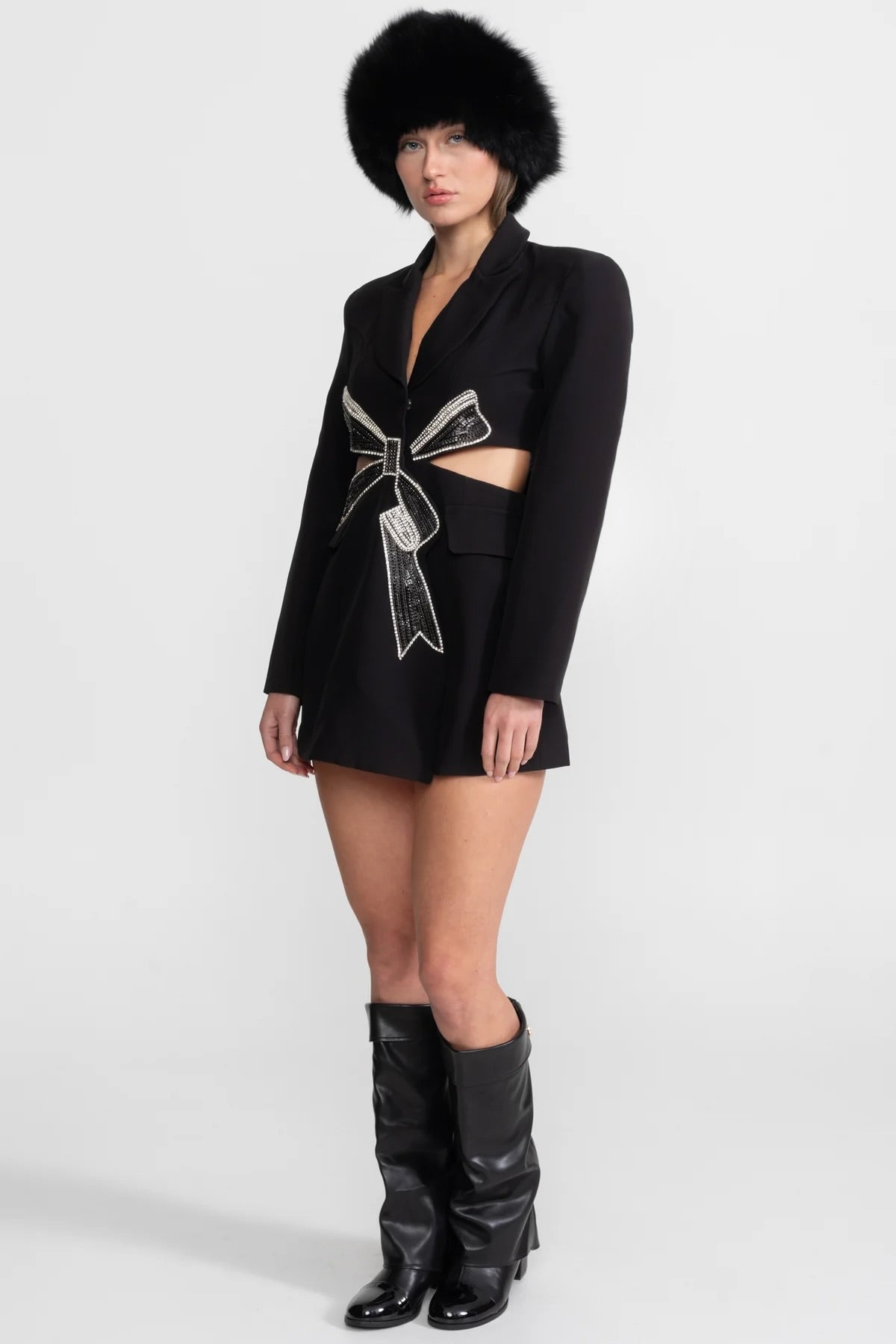 Crystal Bow Cut-Out Blazer Kleid - Schwarz