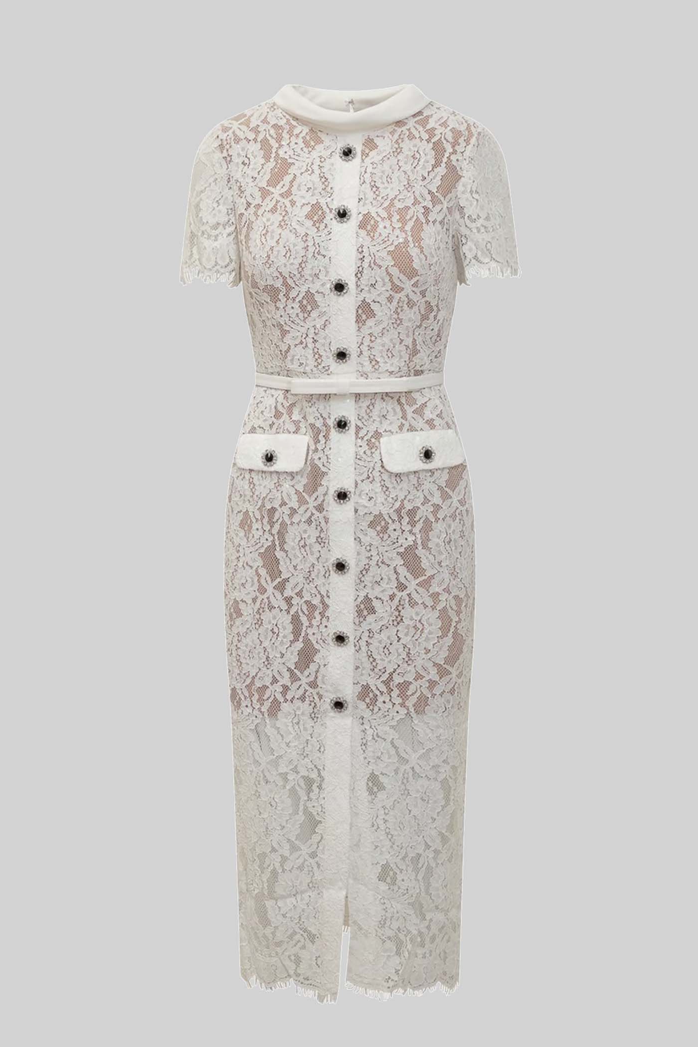 Elegant Short Sleeve Lace Dress With Matching Waist Belt - White