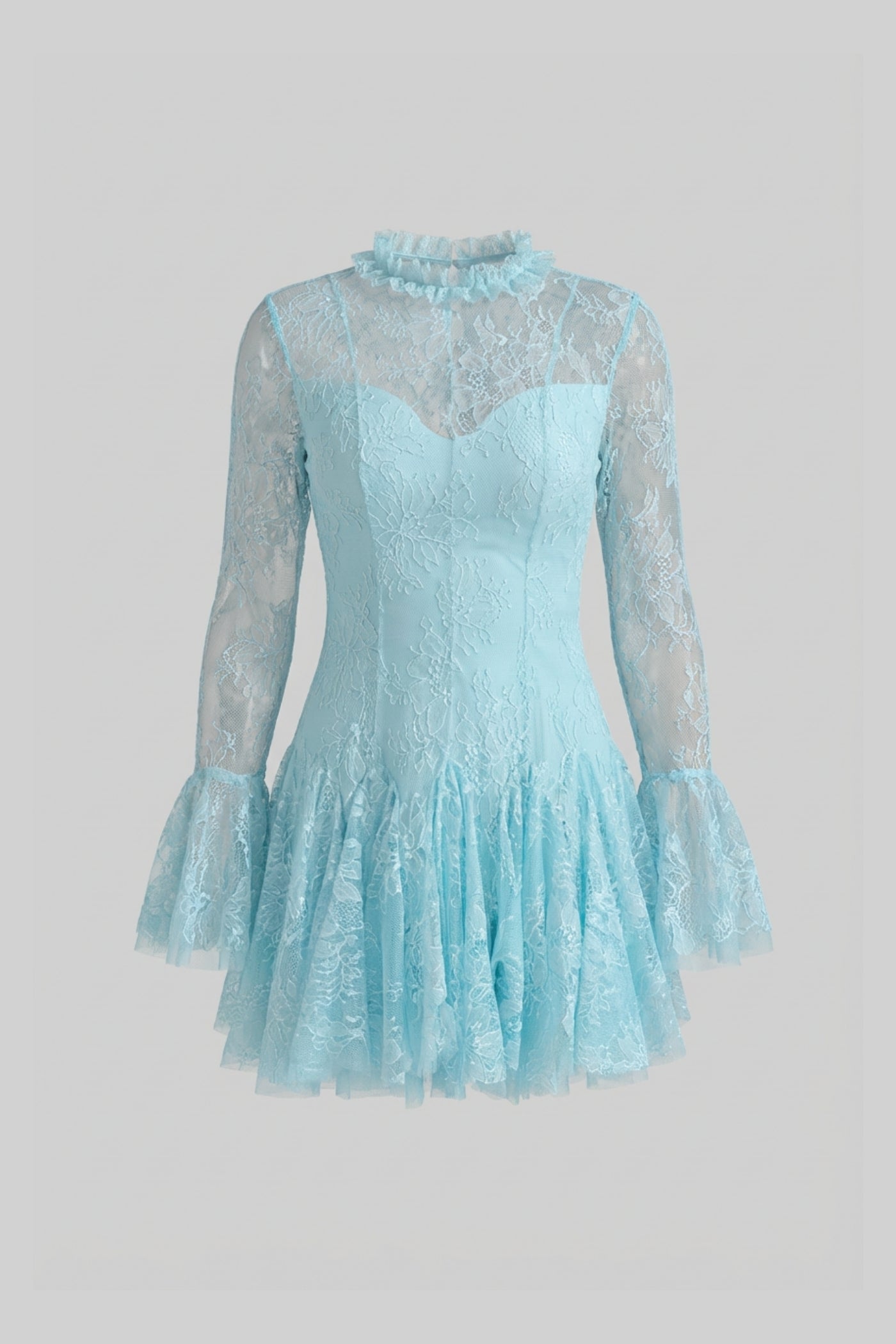 Transparentes Spitzen-Minikleid mit langen Ärmeln und gerafftem Saum - Teal