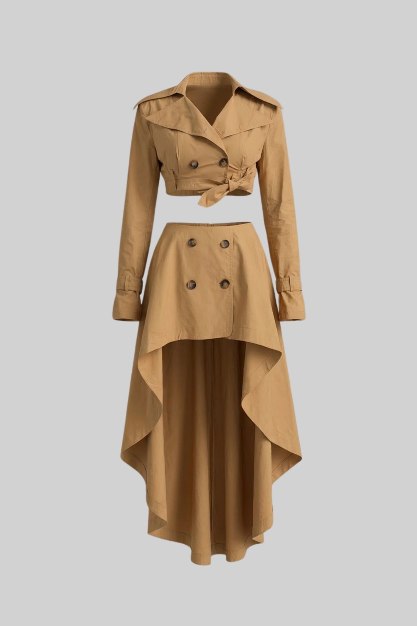 Gekürztes Trench-Co-Ord-Set mit asymmetrischem High-Low-Rock - Camel