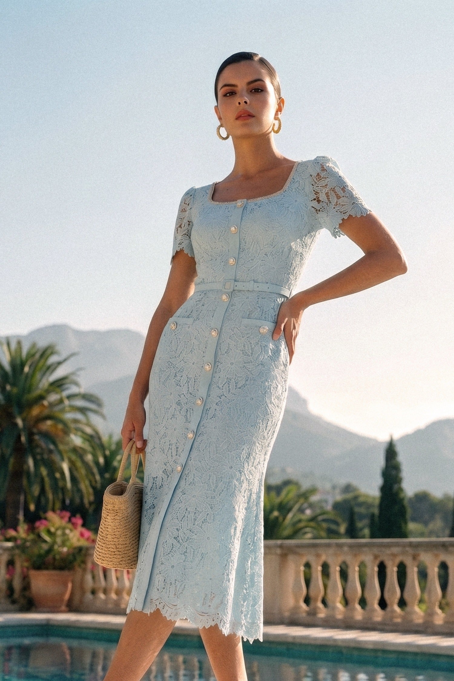 Zartes Midi-Kleid aus azurblauer Spitze - Baby Blue