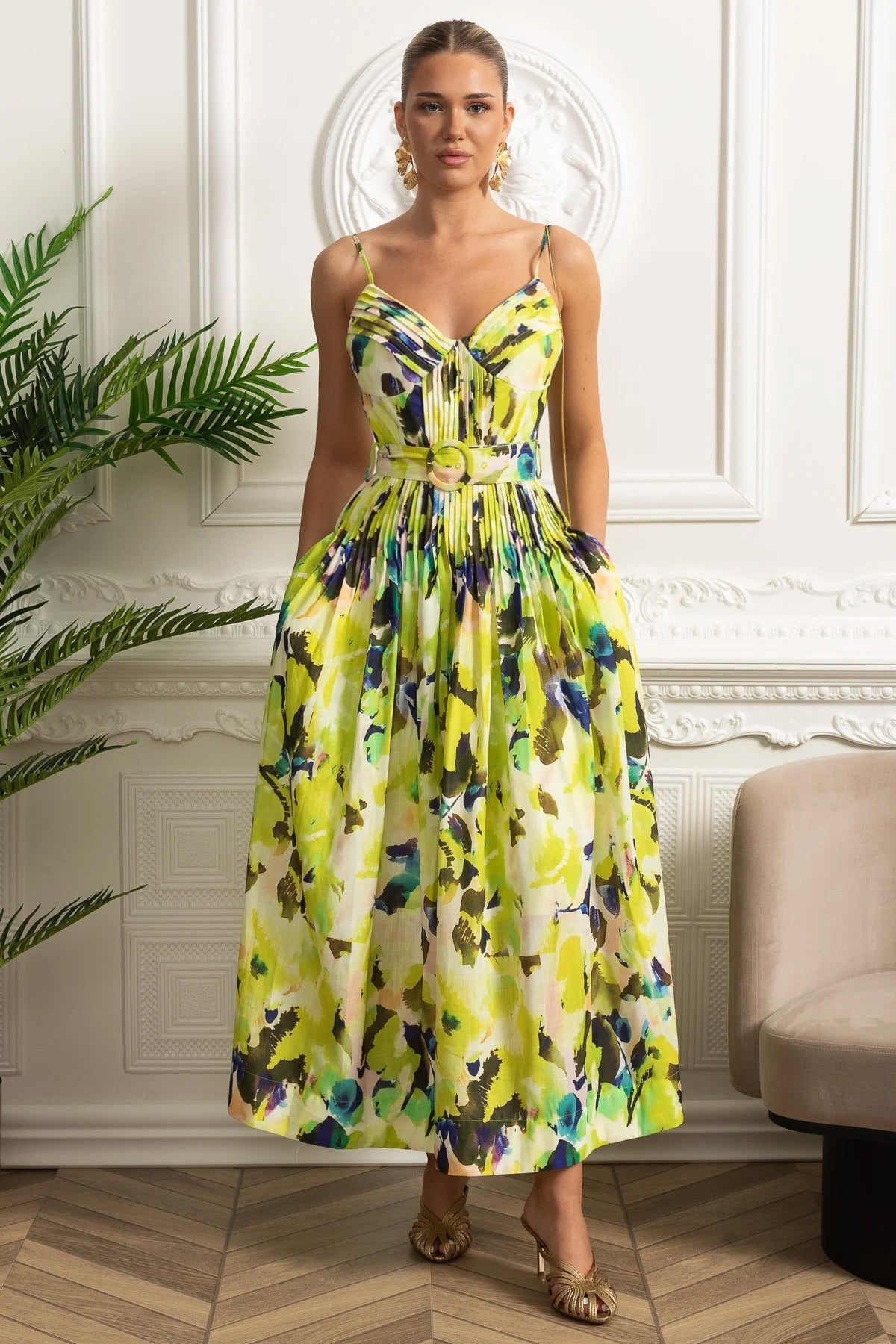 Pleated Bust Belted Midi Dress with Spaghetti Straps - Yellow