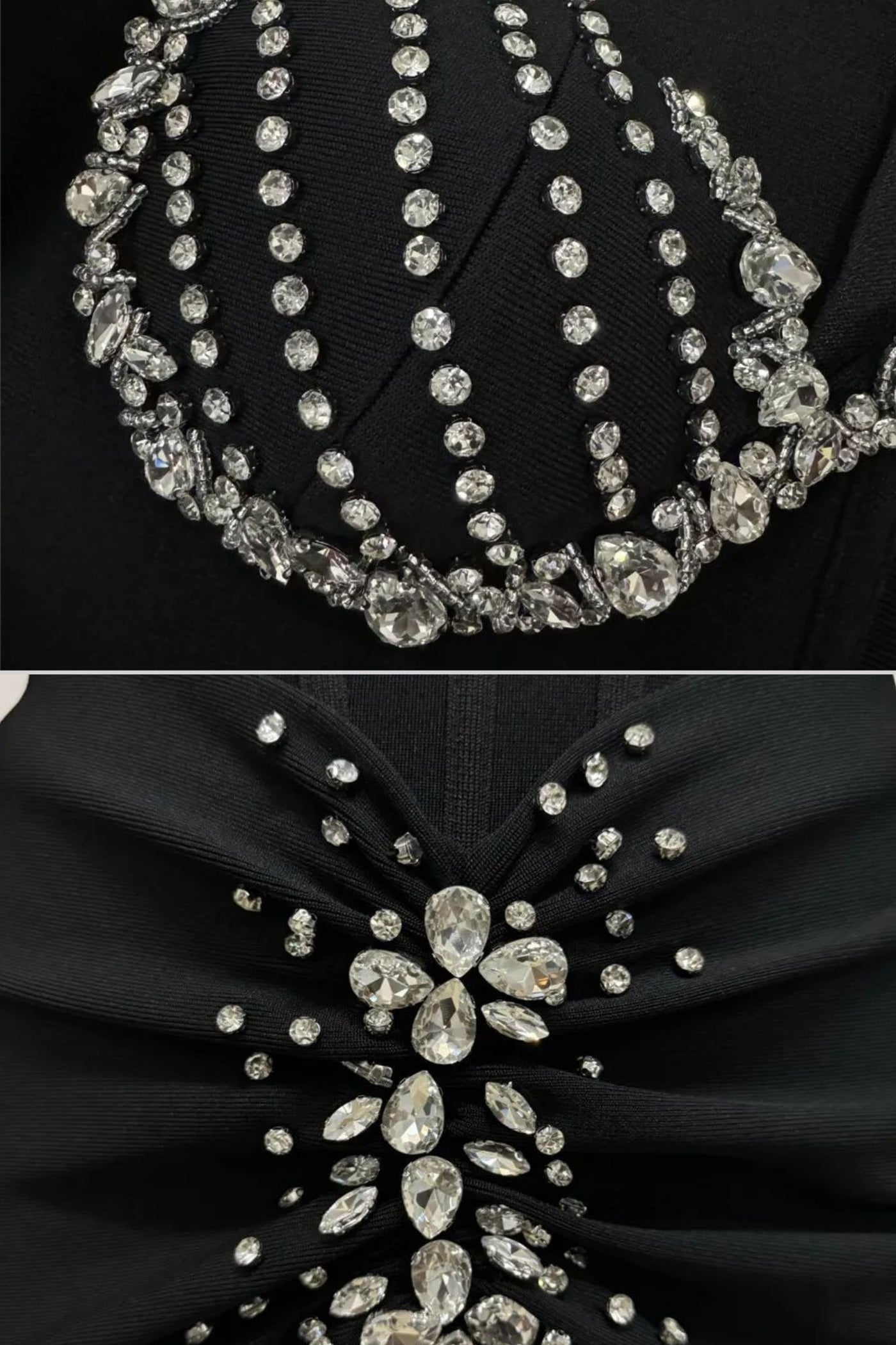 Kristallverzierte Korsettrobe mit strukturiertem Bustier-Oberteil – Schwarz