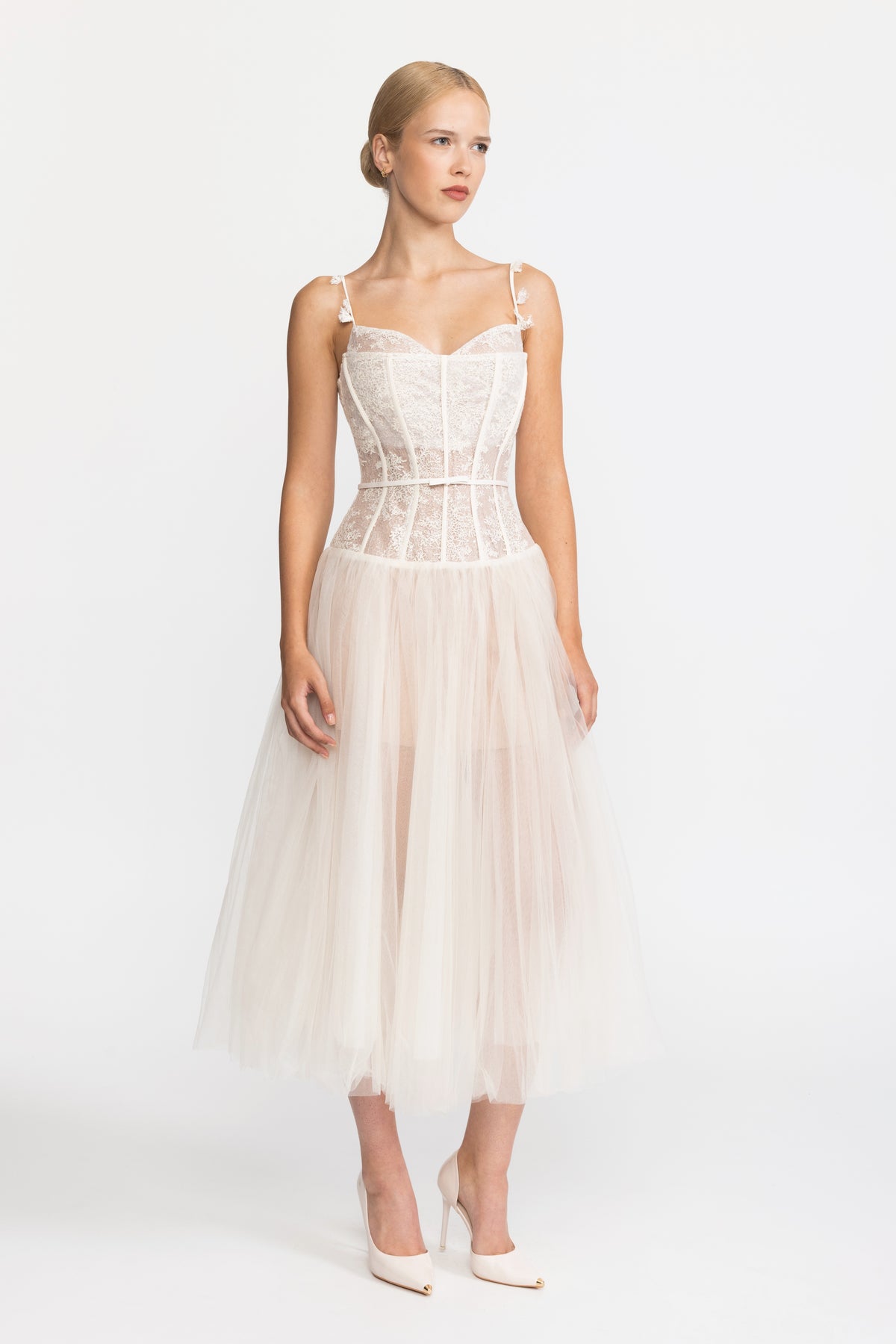 Midi-Kleid aus Tüll mit Spitzenkorsage – Beige