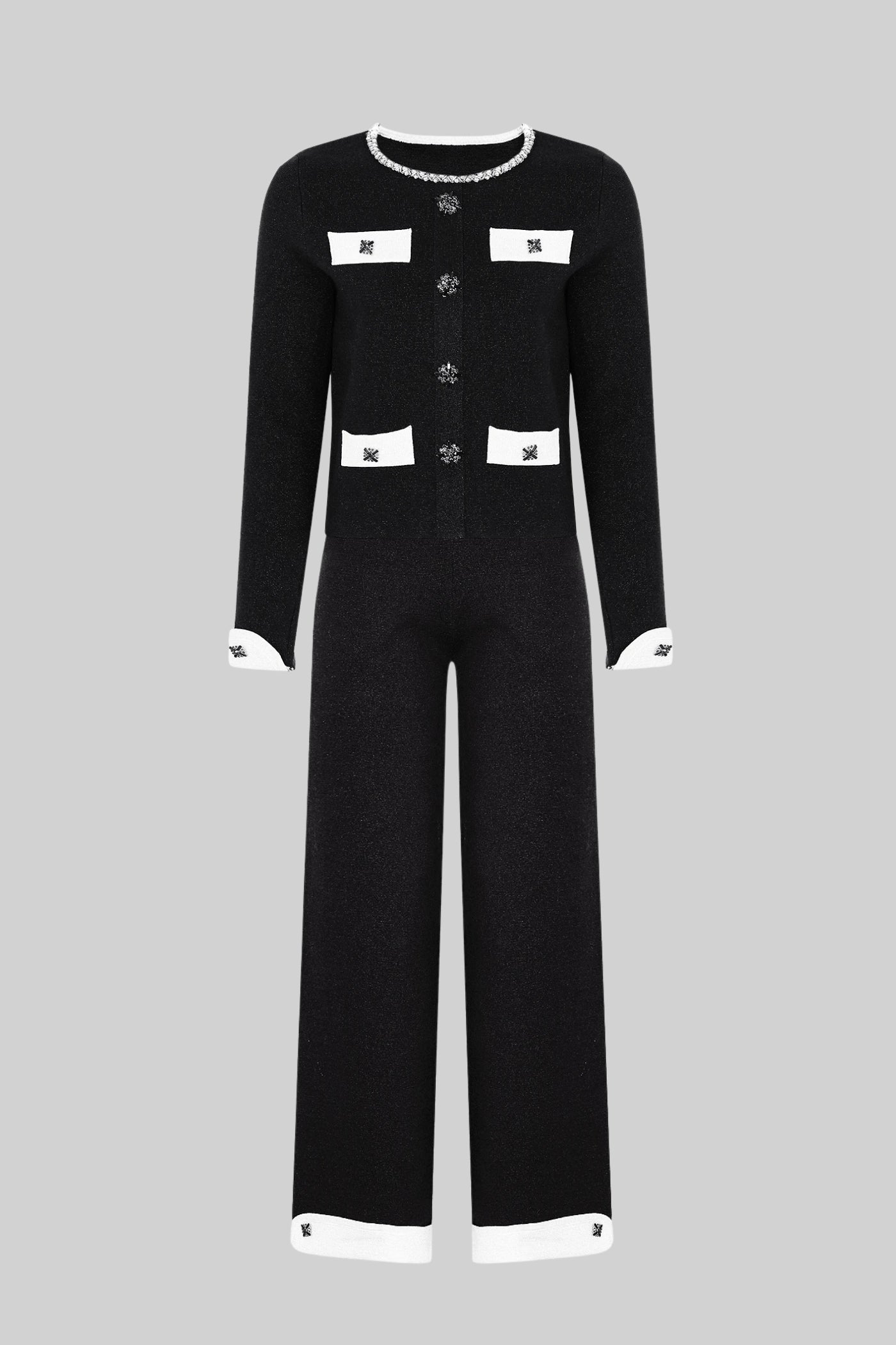 Long Sleeve Knit Co-Ord Set With Contrast Trim And Sparkling Embellishments - Black