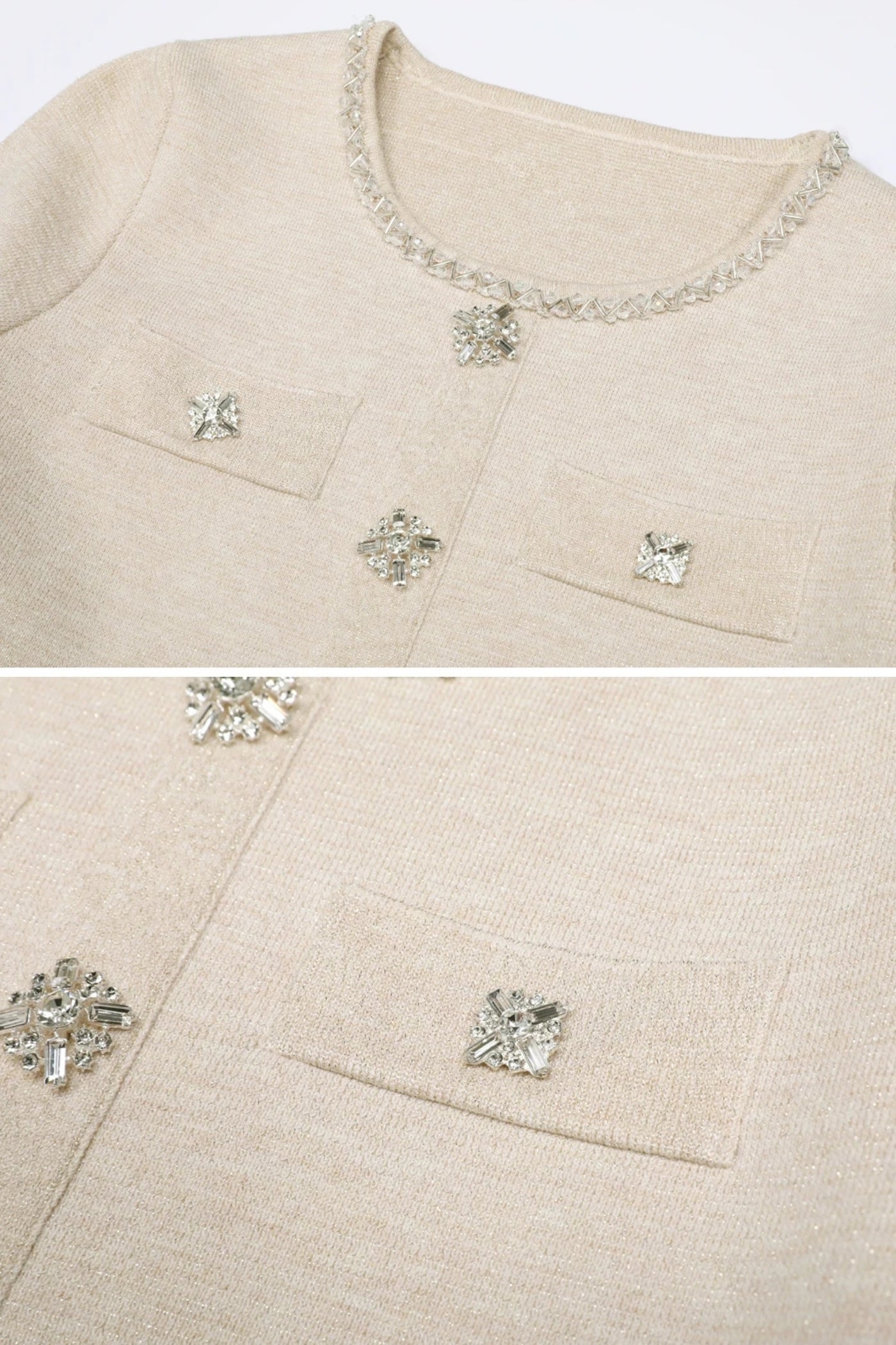 Langärmliges Strick-Co-Ord-Set mit funkelnden Verzierungen – Beige