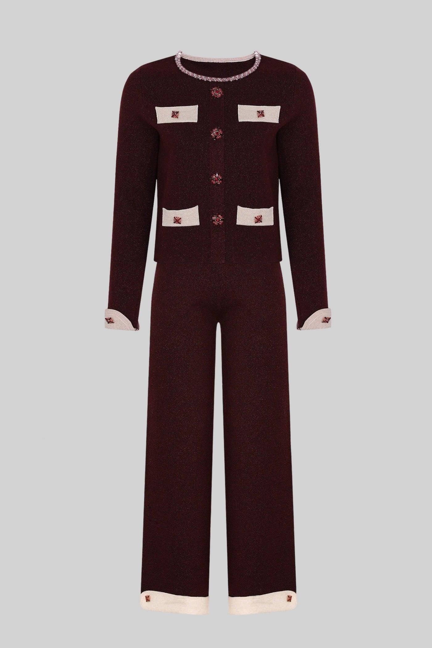 Langärmiges Strick-Co-Ord-Set mit kontrastierendem Besatz und funkelnden Verzierungen – Burgunderrot