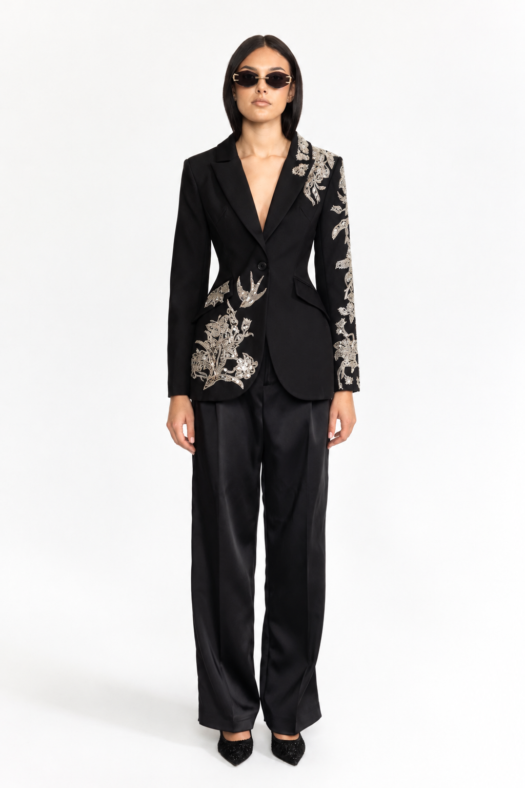 Sequin Bird Embroidered Tailored Blazer - Black