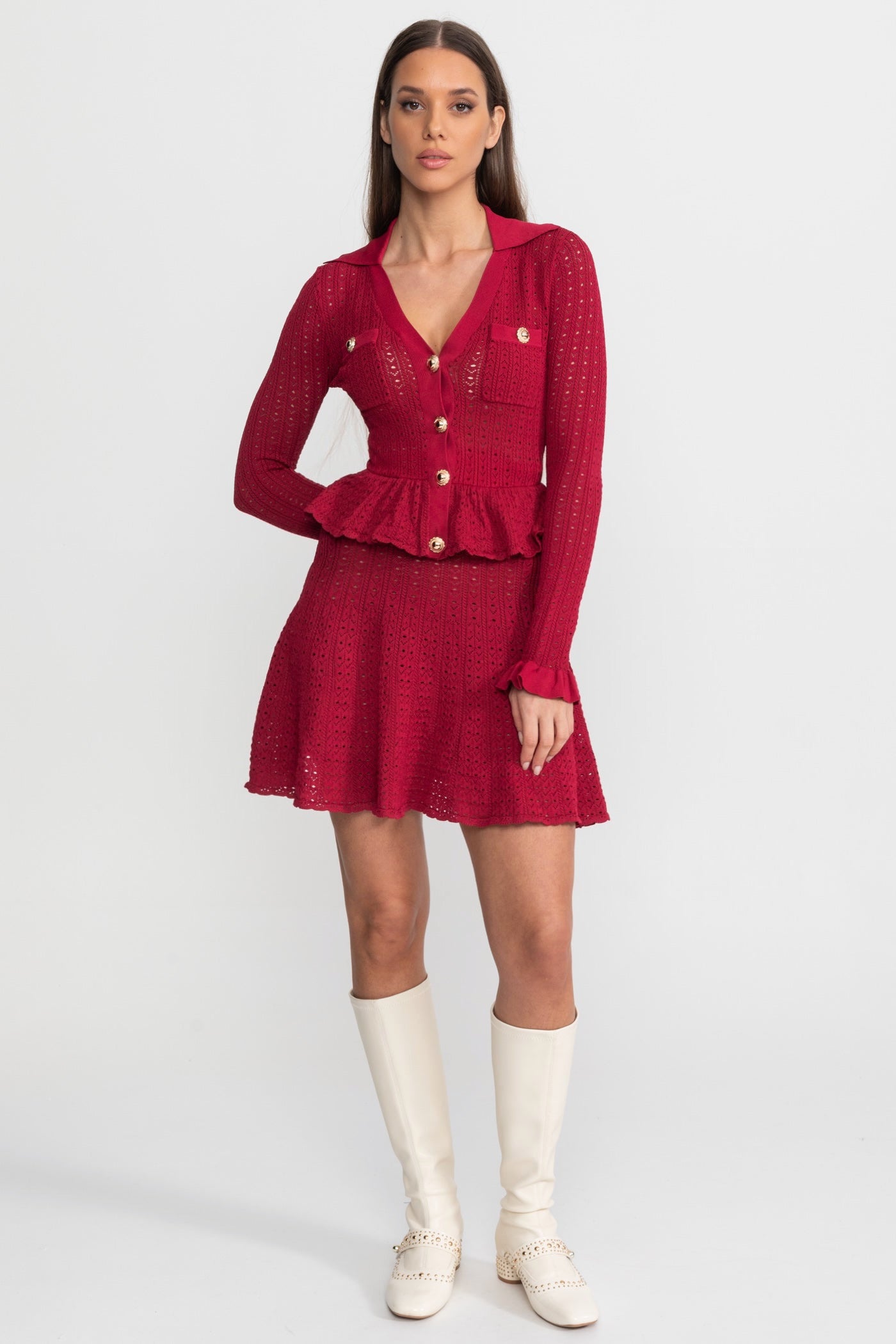 Pointelle-Strick-Minikleid mit Peplum-Saum – Dunkelrot