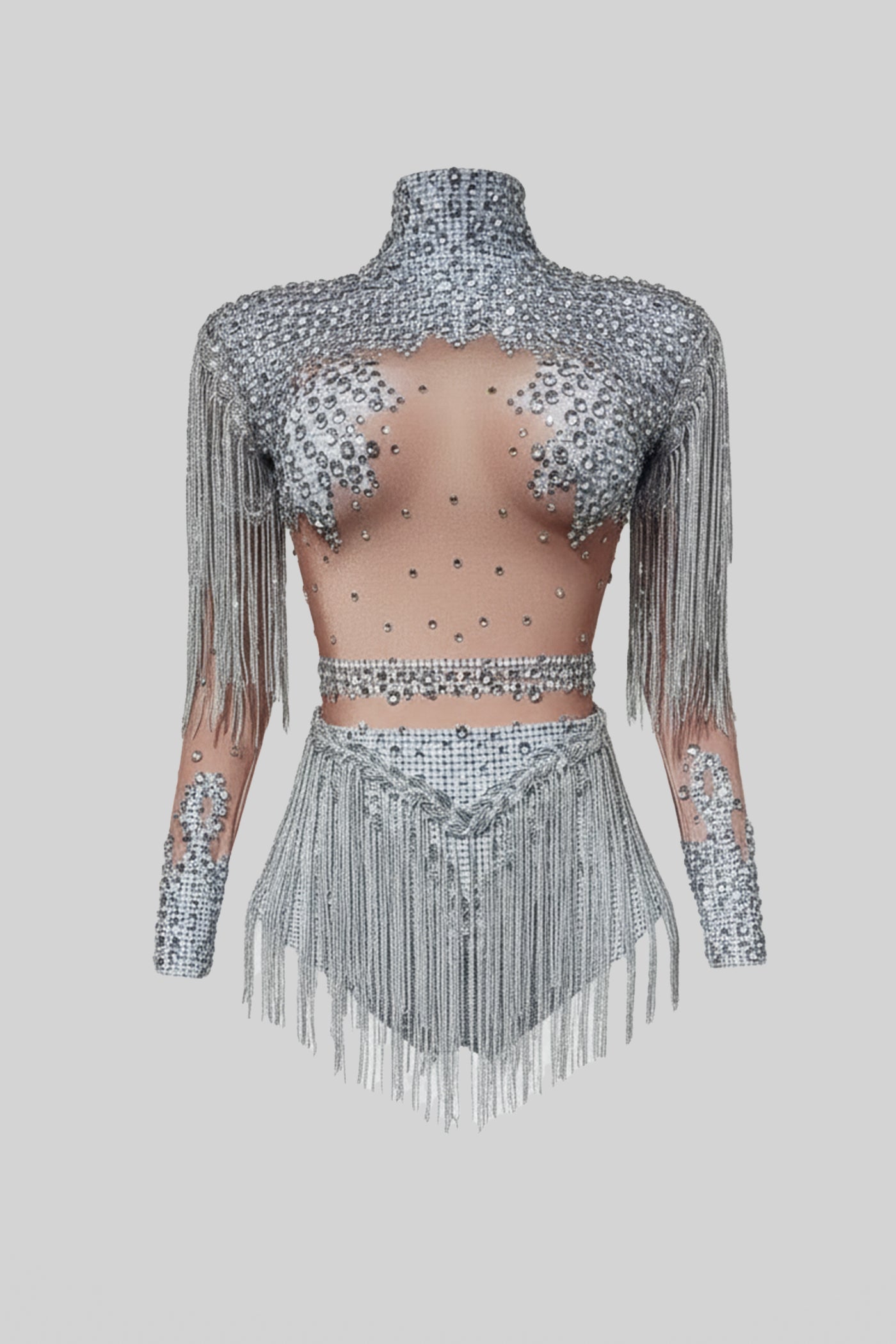 Fringed Bodysuit With Sparkling Sequin Embellishments – Silver