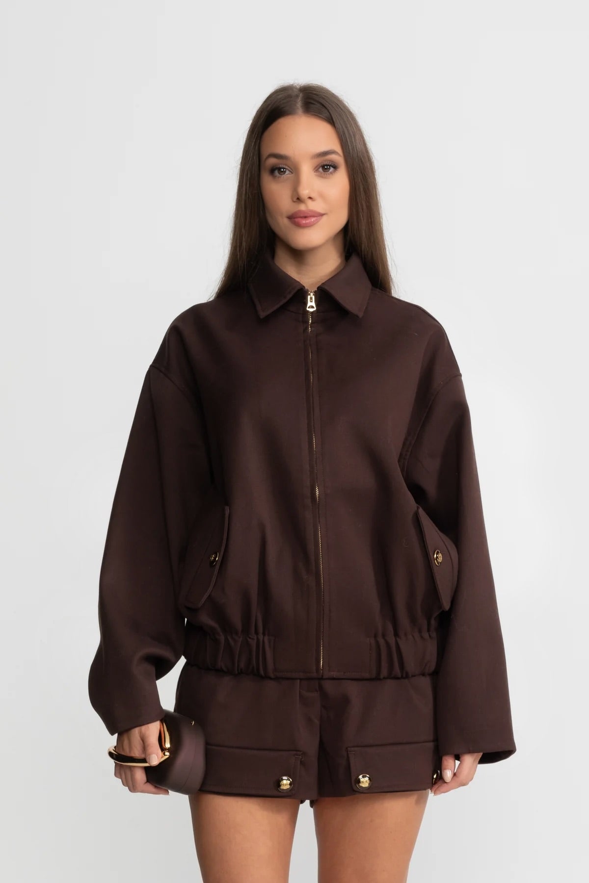 Co-Ord-Set mit Reißverschluss-Utility-Jacke und passenden Shorts – Braun