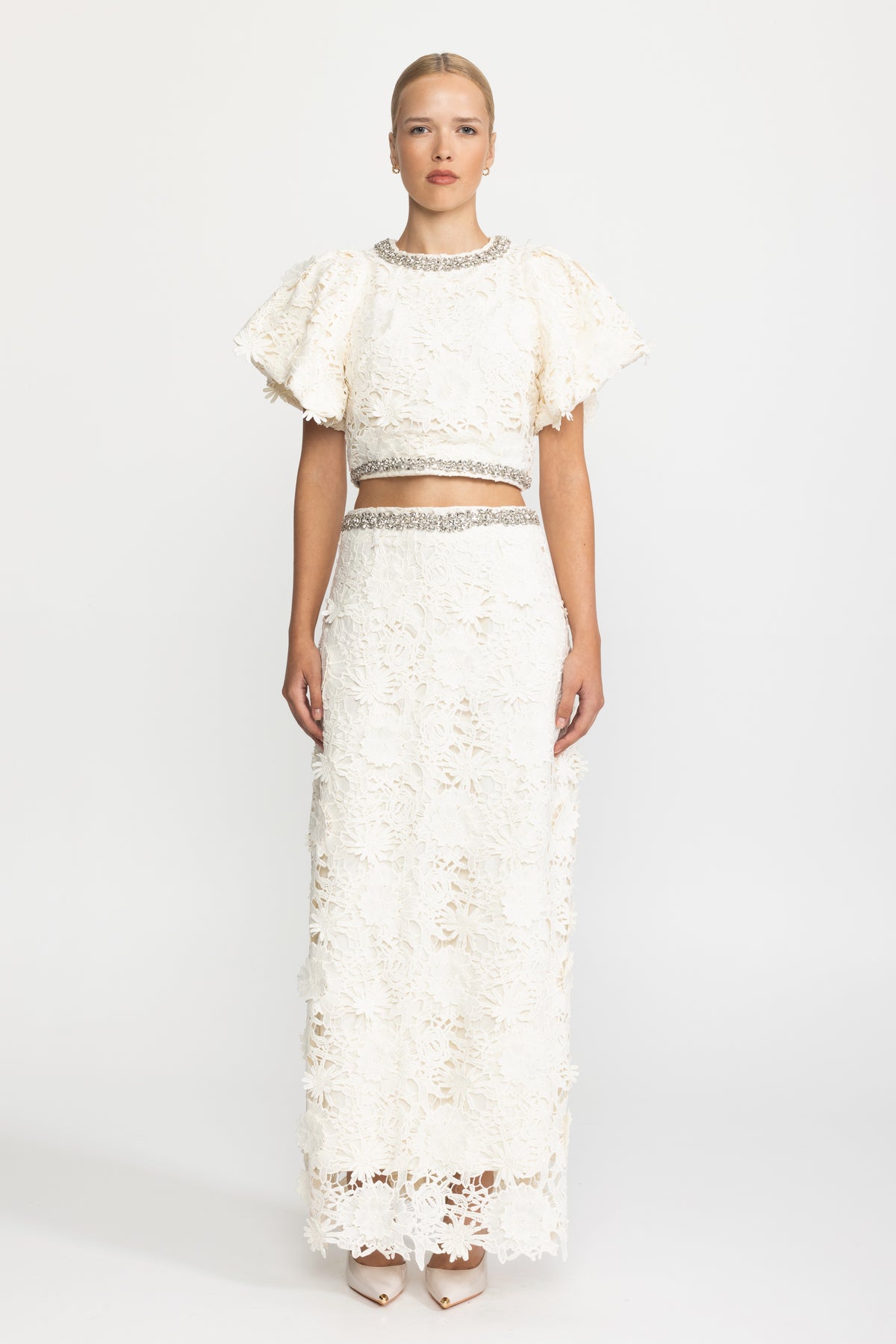 Crystal Trim Guipure Lace Crop Top and Maxi Skirt Co-ord Set - Ivoire